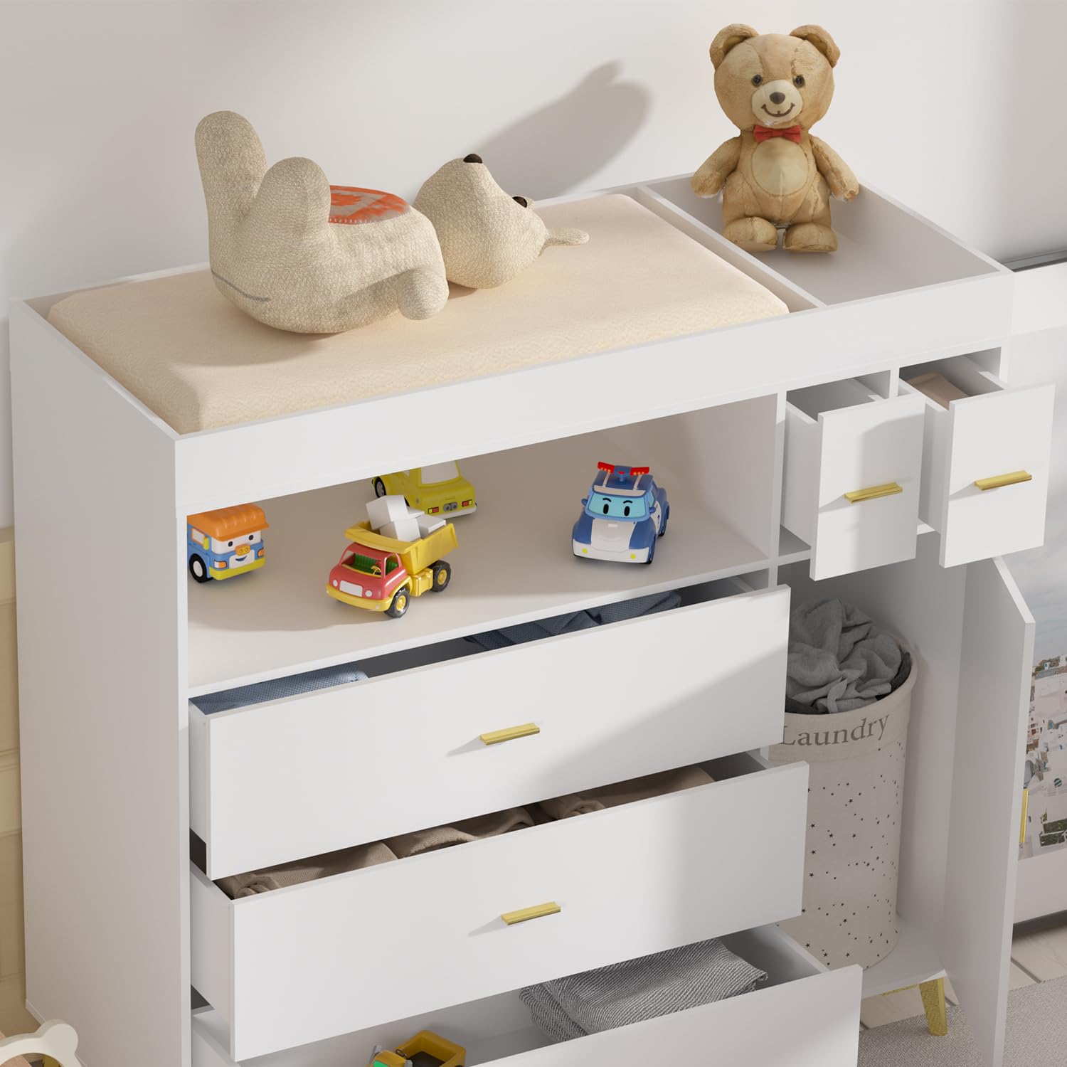 PakaLife Baby Changing Table with 5 Drawers & Cabinet - White Nursery Dresser for Diaper Changing & Storage - Perfect for Baby Rooms, Daycares & Parenting Essentials
