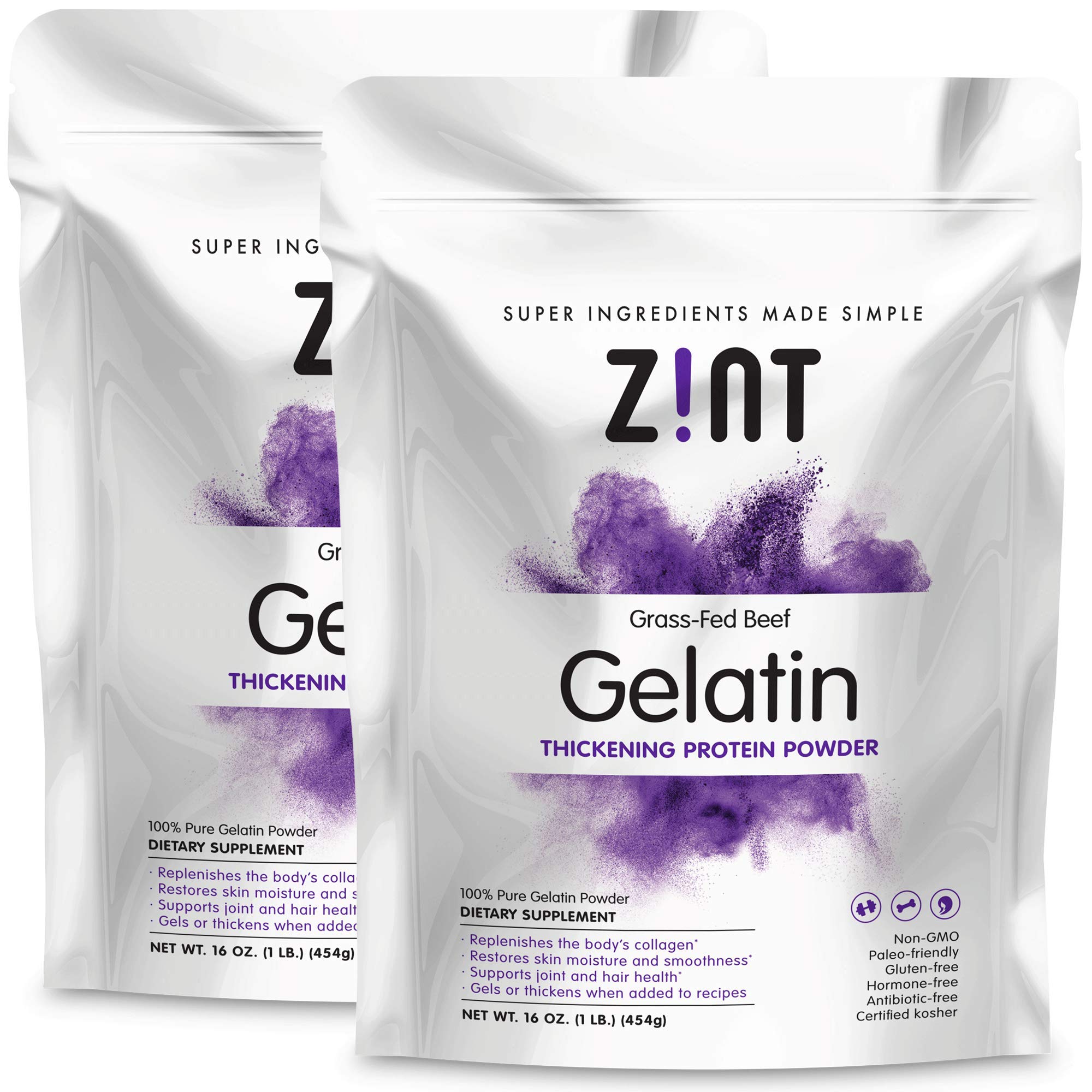 Zint Beef Gelatin Powder 16oz (Pack of 2) - Unflavored, Keto & Paleo Certified Protein Powder for Baking, Thickening, Smoothies & Healthy Desserts - Perfect for Keto Diet, Homemade Jellies & Gut Health Support
