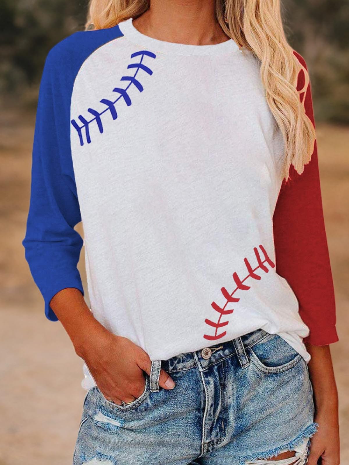 Red White Blue Baseball Tee for Women - Raglan Sleeve Softball Mom Shirt | Stylish & Comfortable Casual Wear for Sports, Outings & Everyday Fashion