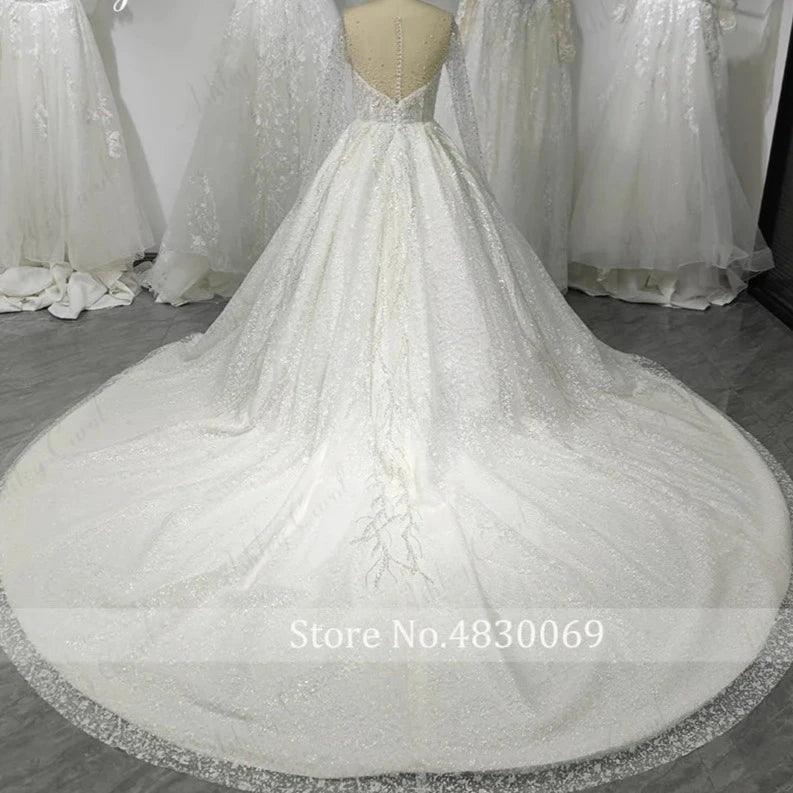 Royal French White Princess Bridal Gown - Long Sleeve Sparkling Beaded Wedding Dress for Bride, Ball Gown & Formal Occasions