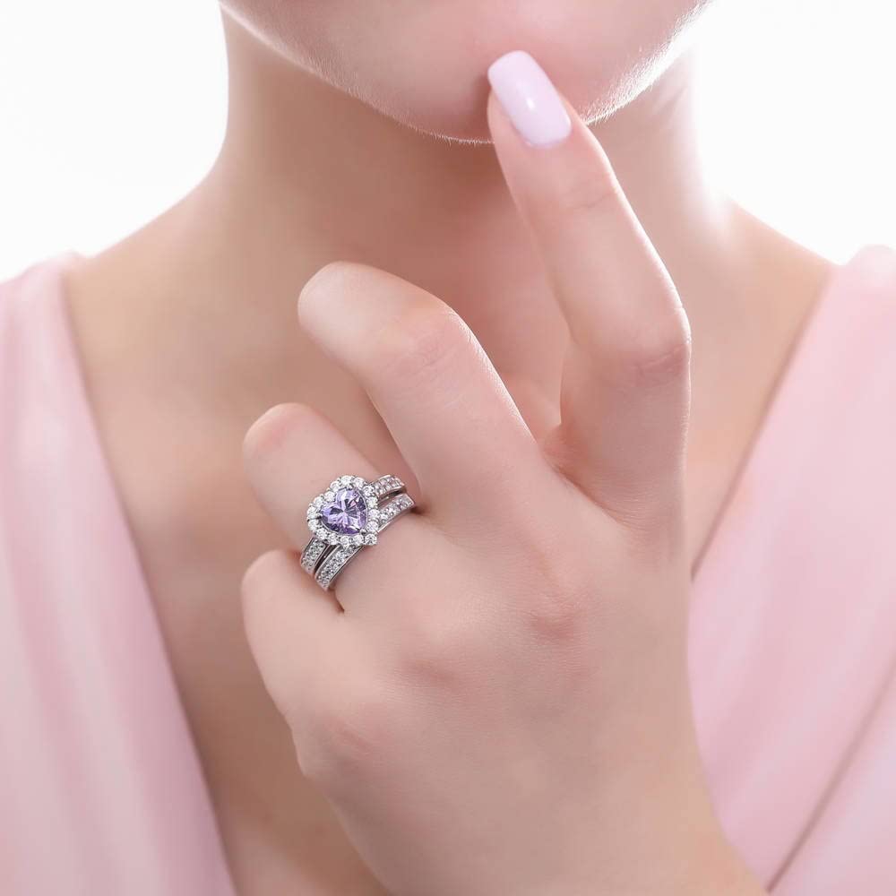 BERRICLE Sterling Silver Halo Wedding Engagement Ring Set - Purple Heart Shaped Cubic Zirconia CZ Statement Ring for Women, Rhodium Plated Size 4-10 | Perfect for Valentine's Day, Anniversary Gifts & Romantic Proposals