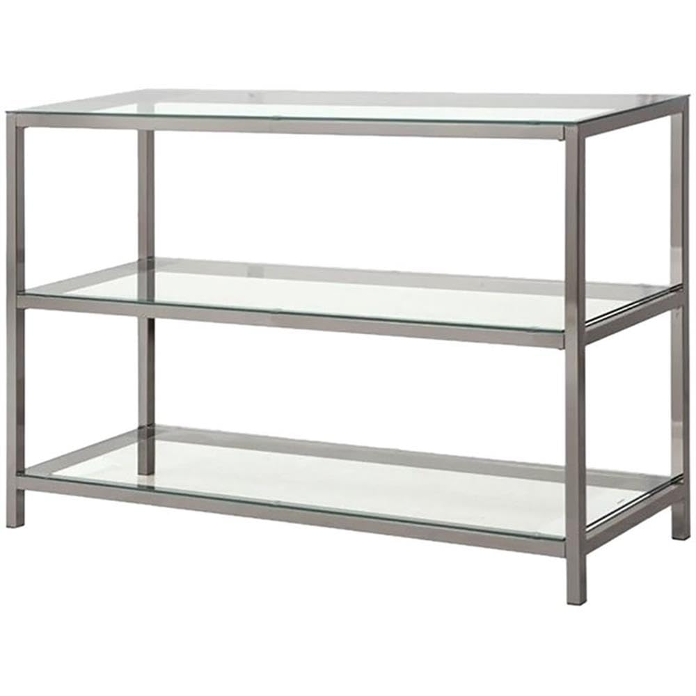 2 Shelf Glass Console Table in Black Nickel - Modern Entryway Sofa Table for Hallway, Living Room & Bedroom Decor