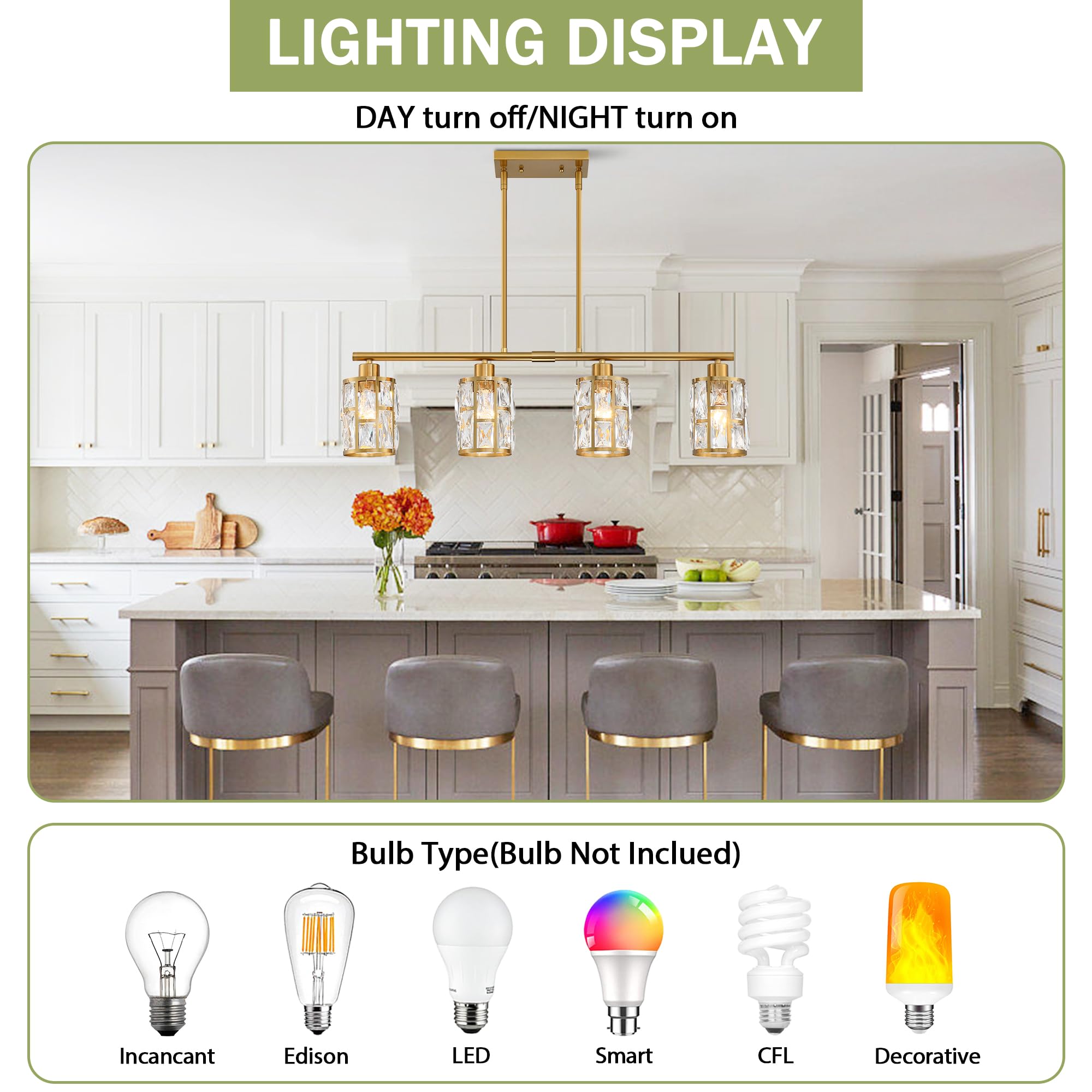 MEXO Gold Crystal Pendant Light Fixture - Farmhouse Chandelier for Kitchen Island, Dining Room, Close to Ceiling Lighting Over Table (10068-GD) | Perfect for Modern Farmhouse Decor, Breakfast Nooks & Open Concept Dining Areas