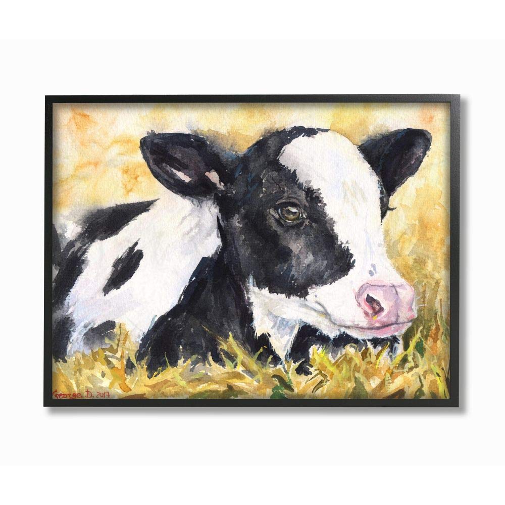Stupell Industries Cute Baby Cow Yellow Watercolor Painting - Black Framed Wall Art 16