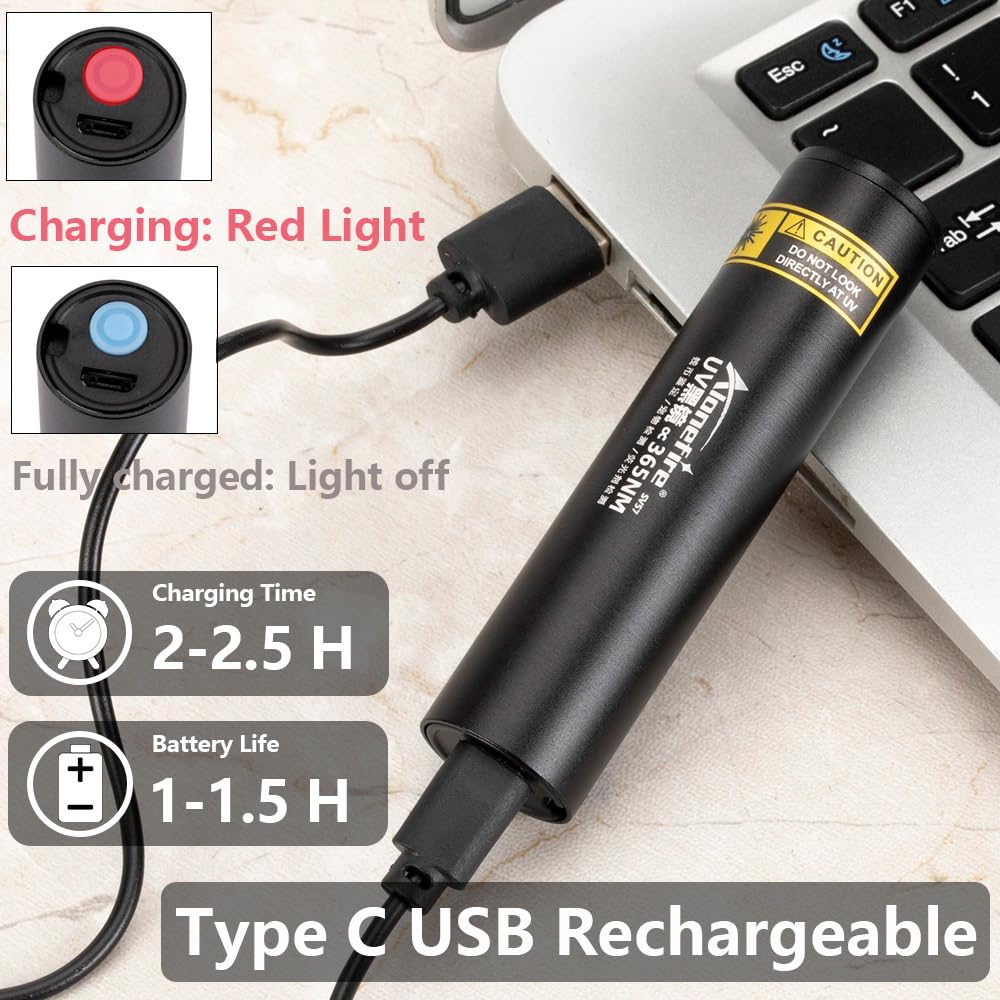 ALONEFIRE SV57 3W Small UV Flashlight 365nm - USB-C Rechargeable Ultraviolet Black Light for Mineral Detection, Money Verification & Pet Urine Tracking | Compact Aluminum Case with Battery Indicator | Perfect for Home Inspection, Outdoor Adventures & Security Checks