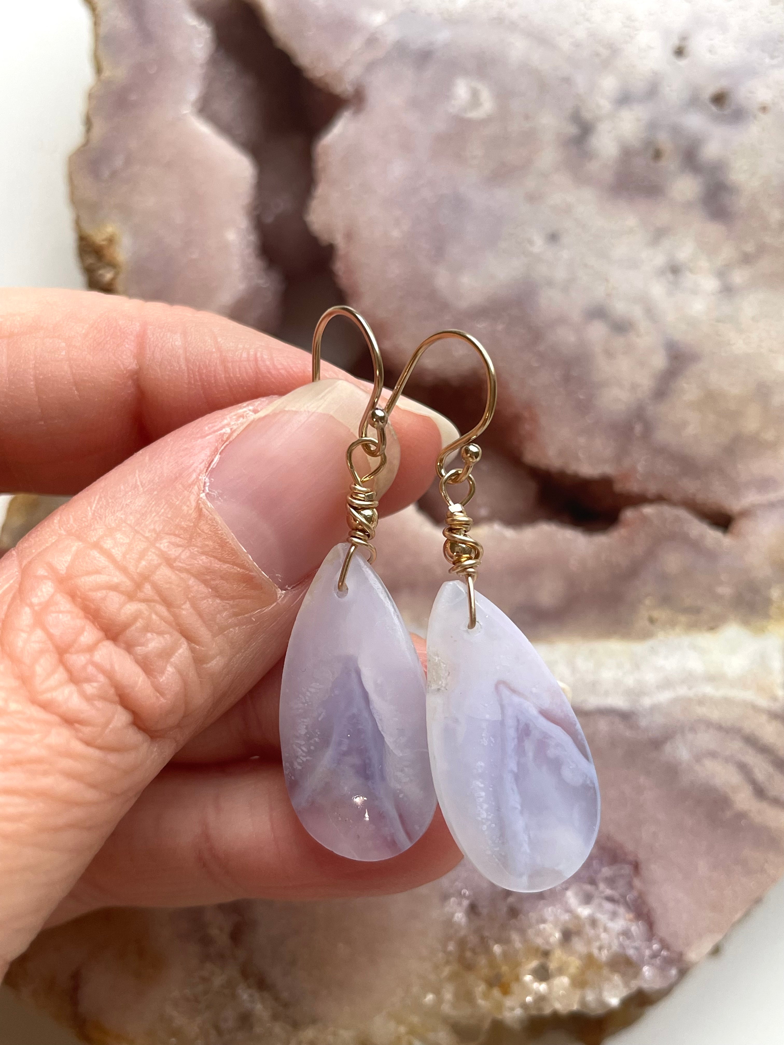 Blue Lace Agate Earrings 14K Gold Filled - Dainty Boho Jewelry for Women, Perfect for Weddings, Parties & Everyday Wear