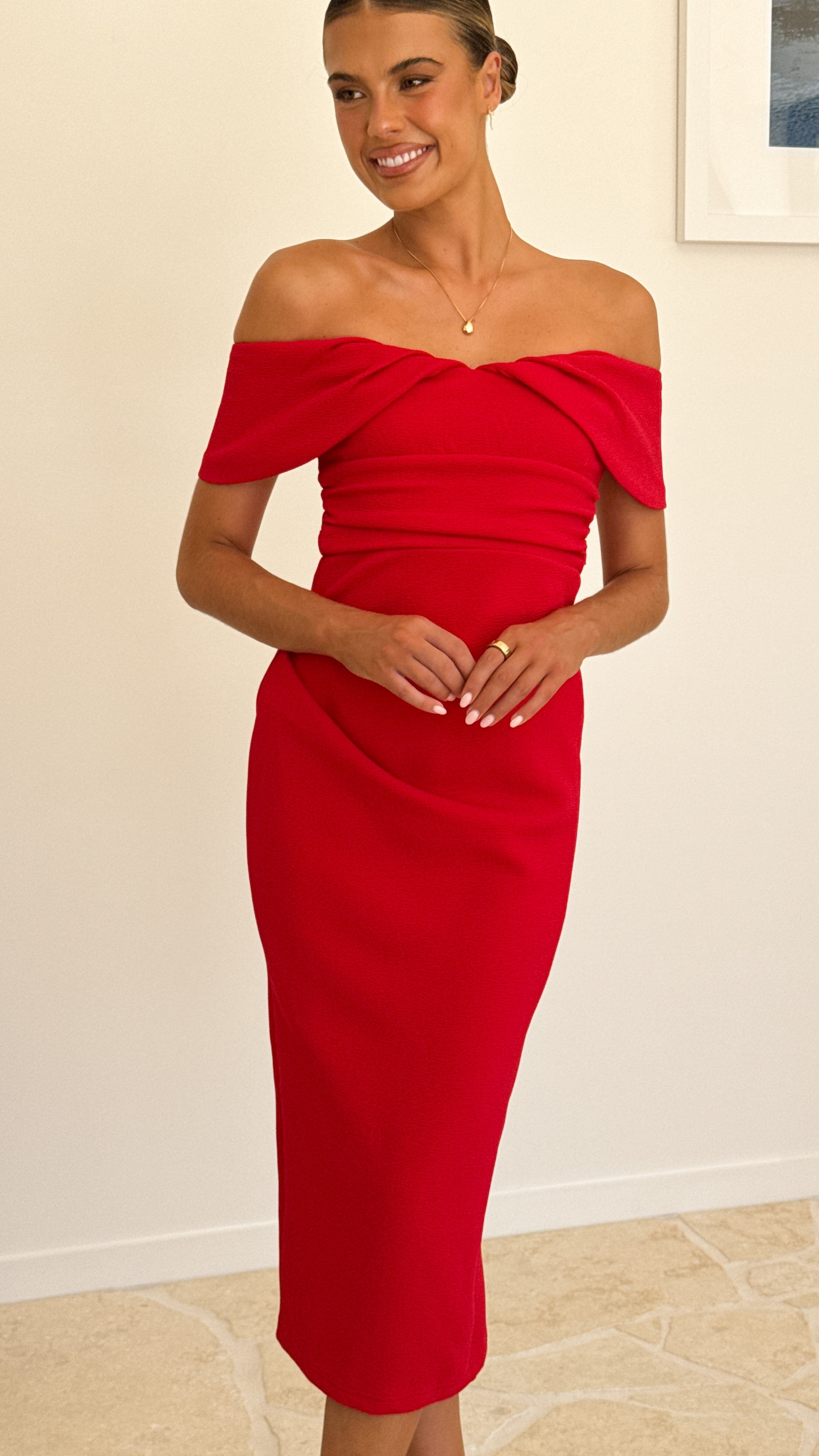 Holly Midi Dress for Women - Flattering A-Line Summer Dress in Vibrant Red | Perfect for Parties, Weddings & Date Nights