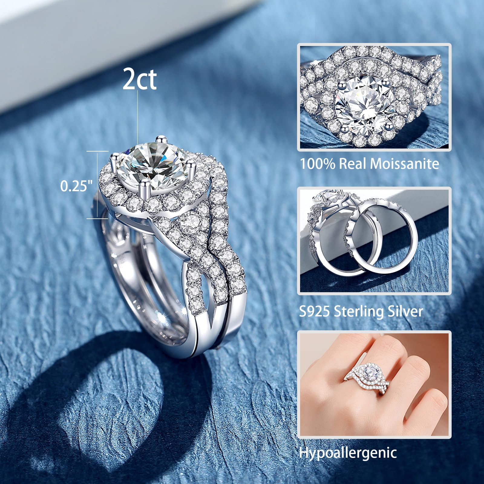 Moissanite Rings for Women - D Color VVS1 Round Cut S925 Sterling Silver Engagement Ring Set | Wedding, Anniversary, Valentine's Day Gift | Perfect for Bridal, Proposal & Special Occasions