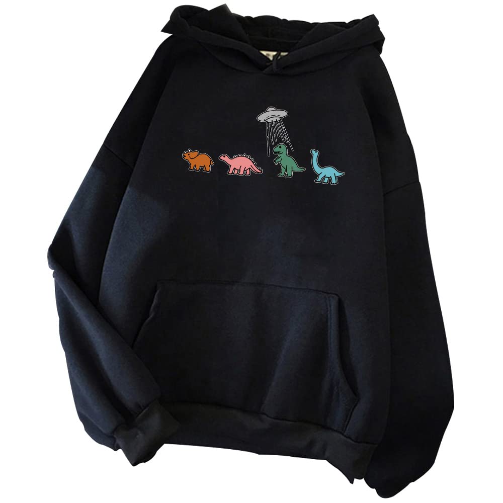**Cute Dinosaur UFO Print Hoodie - Kawaii Sweatshirt for Women & Men - Soft Cotton Pullover Gift for Kids & Teens - Perfect for Cosplay, Anime Conventions & Casual Wear**