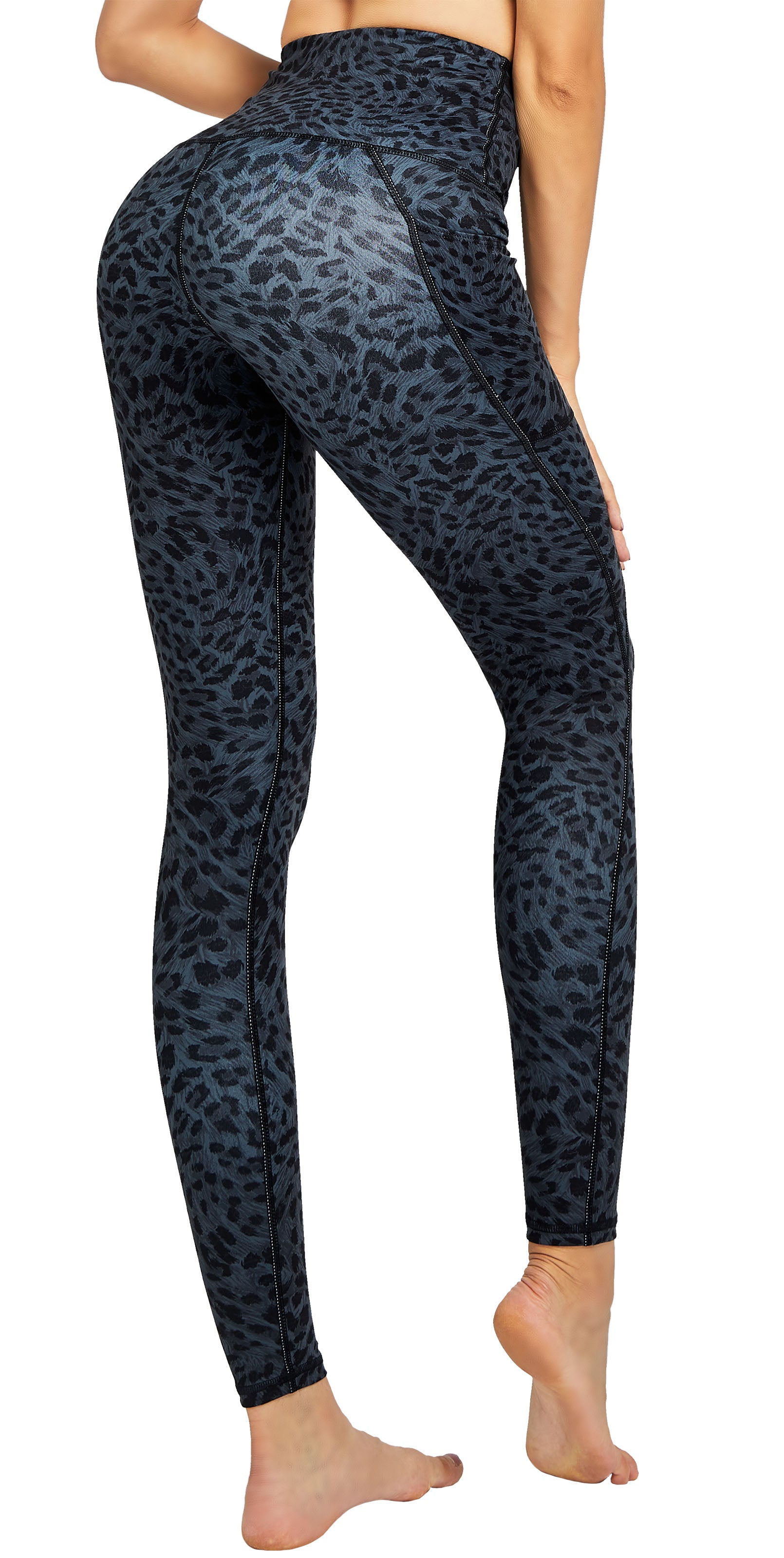 COOLOMG High Waisted Yoga Pants for Women - Side Pocket Workout Leggings in Black Leopard Print | Perfect for Gym, Running & Lounge Wear