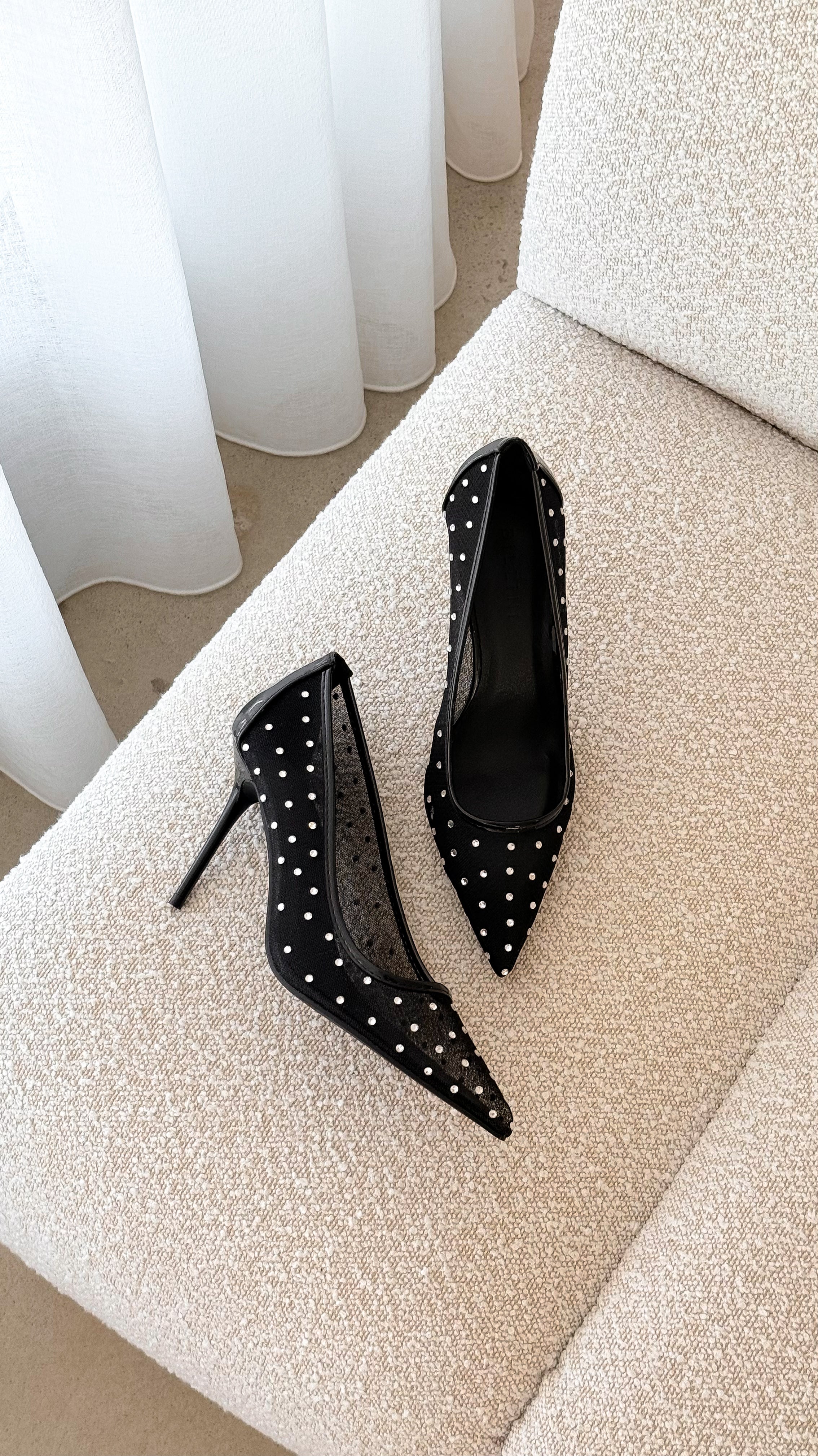 Lee Women's Black Mesh Diamante Heels - Elegant High Heel Shoes for Party, Wedding & Evening Events