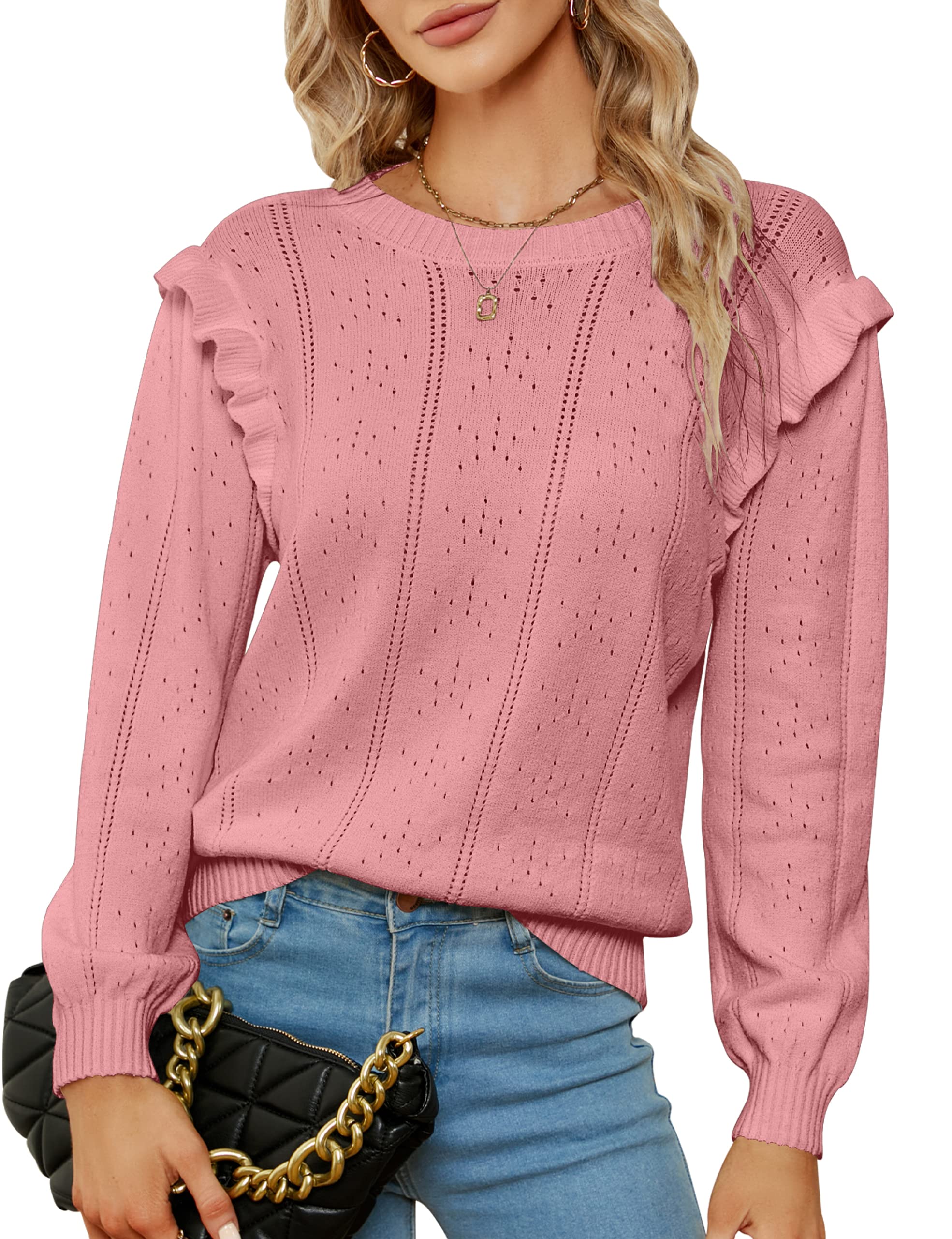 BMJL Women's Pullover Sweaters - Ruffle Shoulder Casual Knit Tops, Long Sleeve Hollow Out Sweater for Fall | Perfect for Office Wear, Date Nights & Autumn Layering