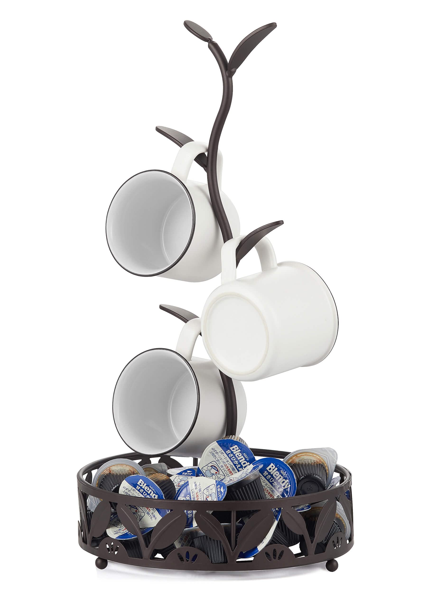Stainless Steel Mug Holder Stand - Countertop Mug Tree Organizer with Coffee Pod Storage, Bar & Kitchen Accessory for Home, Office, and Coffee Shop Use