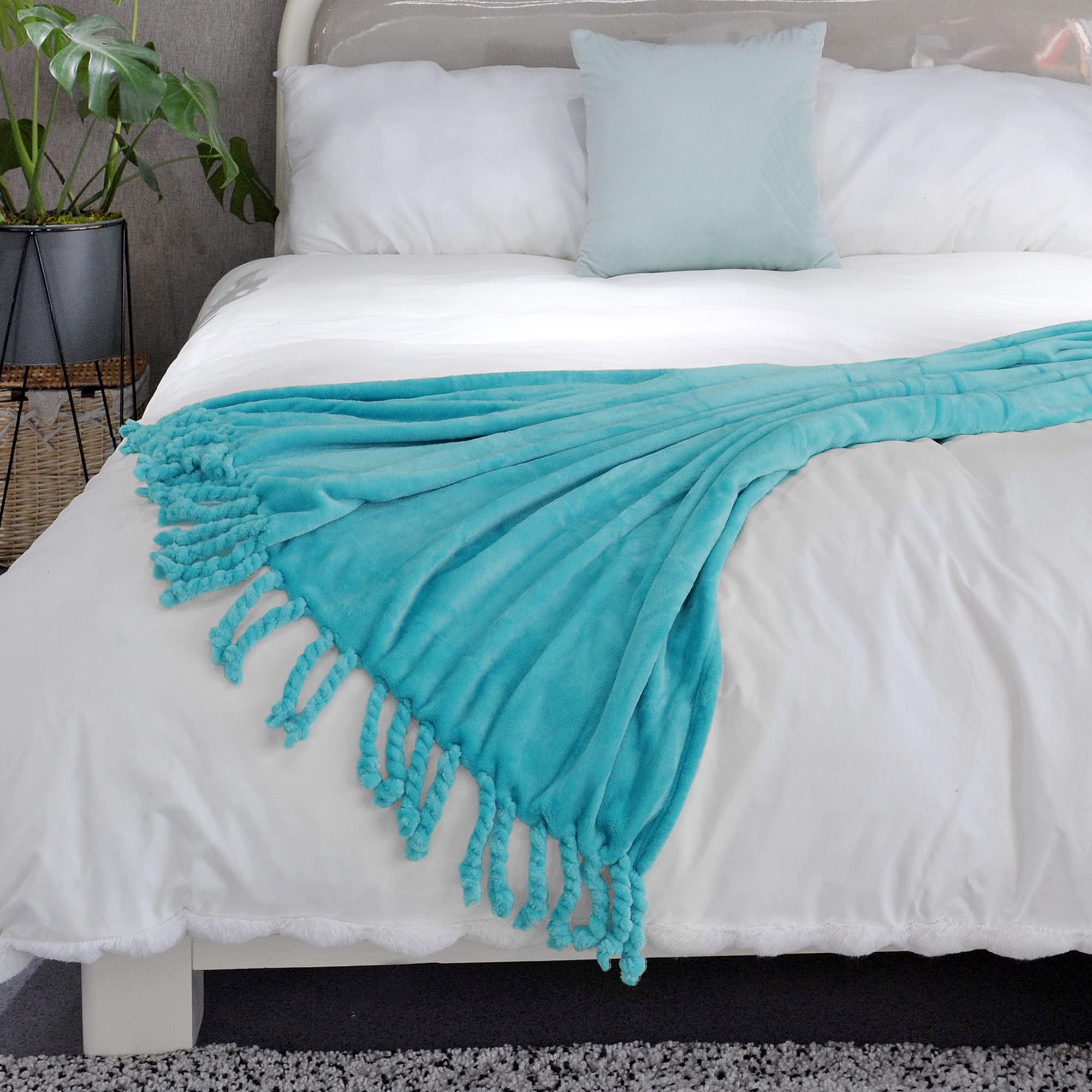 Cozy Flannel Fleece Throw Blanket with Braided Rope Fringe Tassels - Ultra Soft Plush Warm Blanket for Couch, Sofa, Bed & Chair - 50x60 Inch Blue Home Decor - Perfect for Lounging, Movie Nights & Winter Comfort