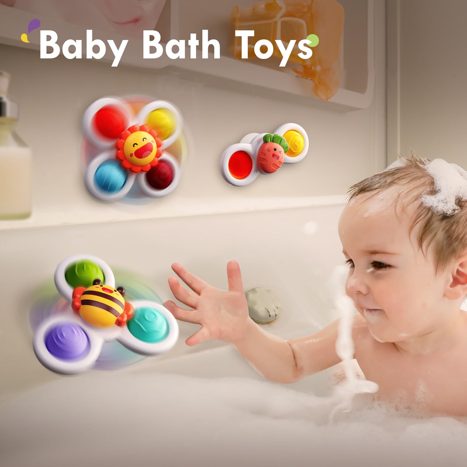 ALASOU 3PCS Pop Suction Cup Spinner Toys for Toddlers 1-3 Years - Sensory Baby Bath Toys & Novelty Spinning Tops for 1-2 Year Old Boys Girls - Perfect 12-18 Months Birthday Gift for Infants | Fun Bath Time, Sensory Play & Early Learning Activity