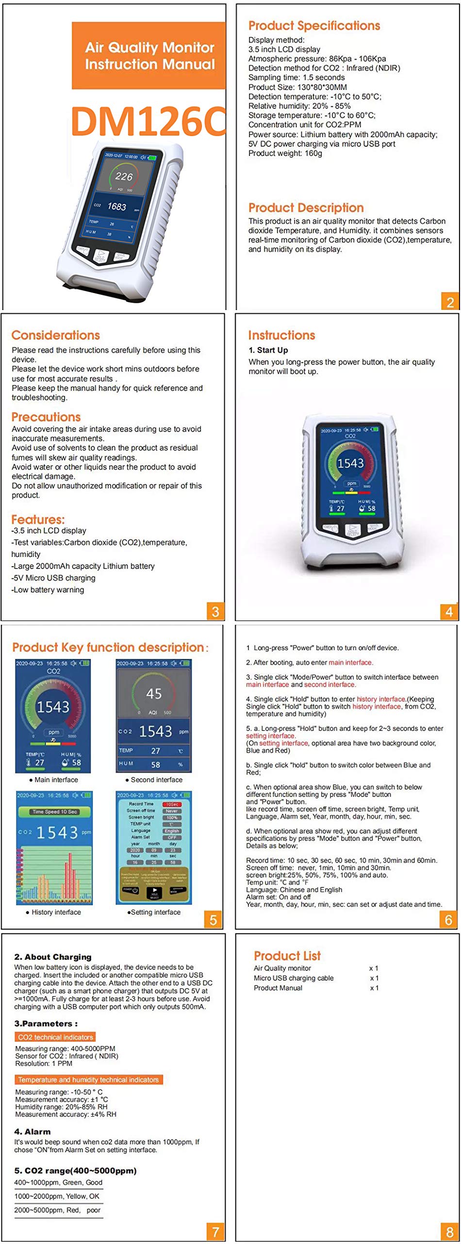 **DM126 Air Quality Monitor & CO2 Detector - PM2.5/PM1.0/PM10 Analyzer with Temperature & Humidity Sensor | NDIR Technology for Home, Office & Indoor Air Quality Monitoring**