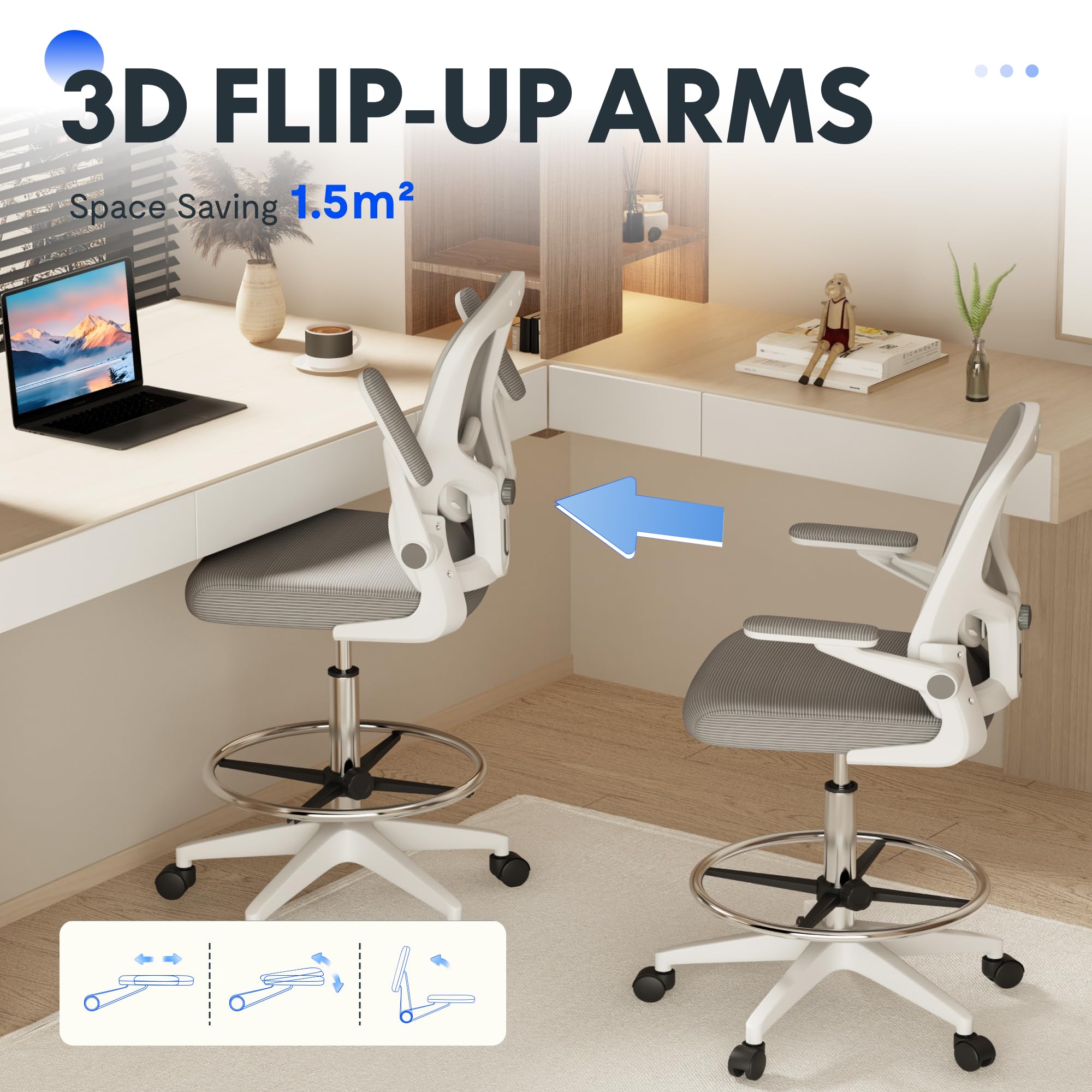 FLEXISPOT Ergonomic Drafting Chair - Adjustable Height Office Chair with 2D Lumbar Support, 3D Flip-Up Armrests, Breathable Mesh Back & Foot Ring - BIFMA Certified for Home Office, Artists, Musicians - Ideal for Standing Desks, Drawing, Guitar Playing, Studio Work & Long Work Sessions (White)