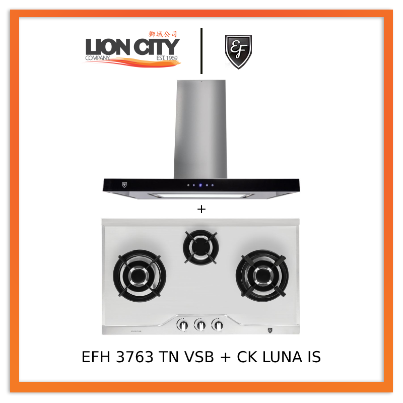EF CK LUNA 90cm Island Range Hood + EF EFH 3763 TN VSB 78cm Built-in Stainless Steel Gas Cooktop - Modern Kitchen Ventilation & Cooking Solution for Home Chefs