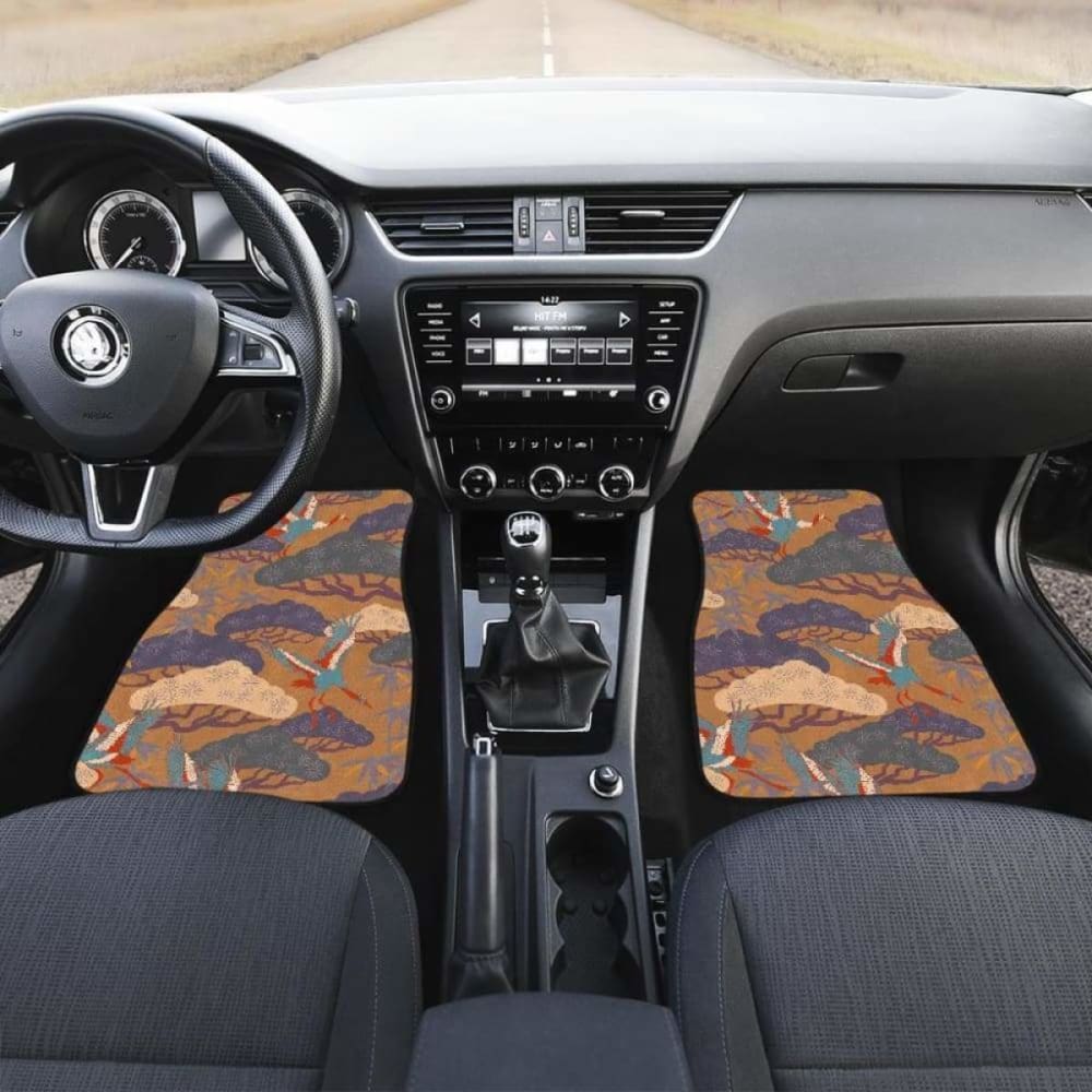 Japanese Bonsai Bamboo Stork Pattern Brown Car Mats - Front & Back Set for Luxury & Style | Perfect for Sedans, SUVs, and Trucks