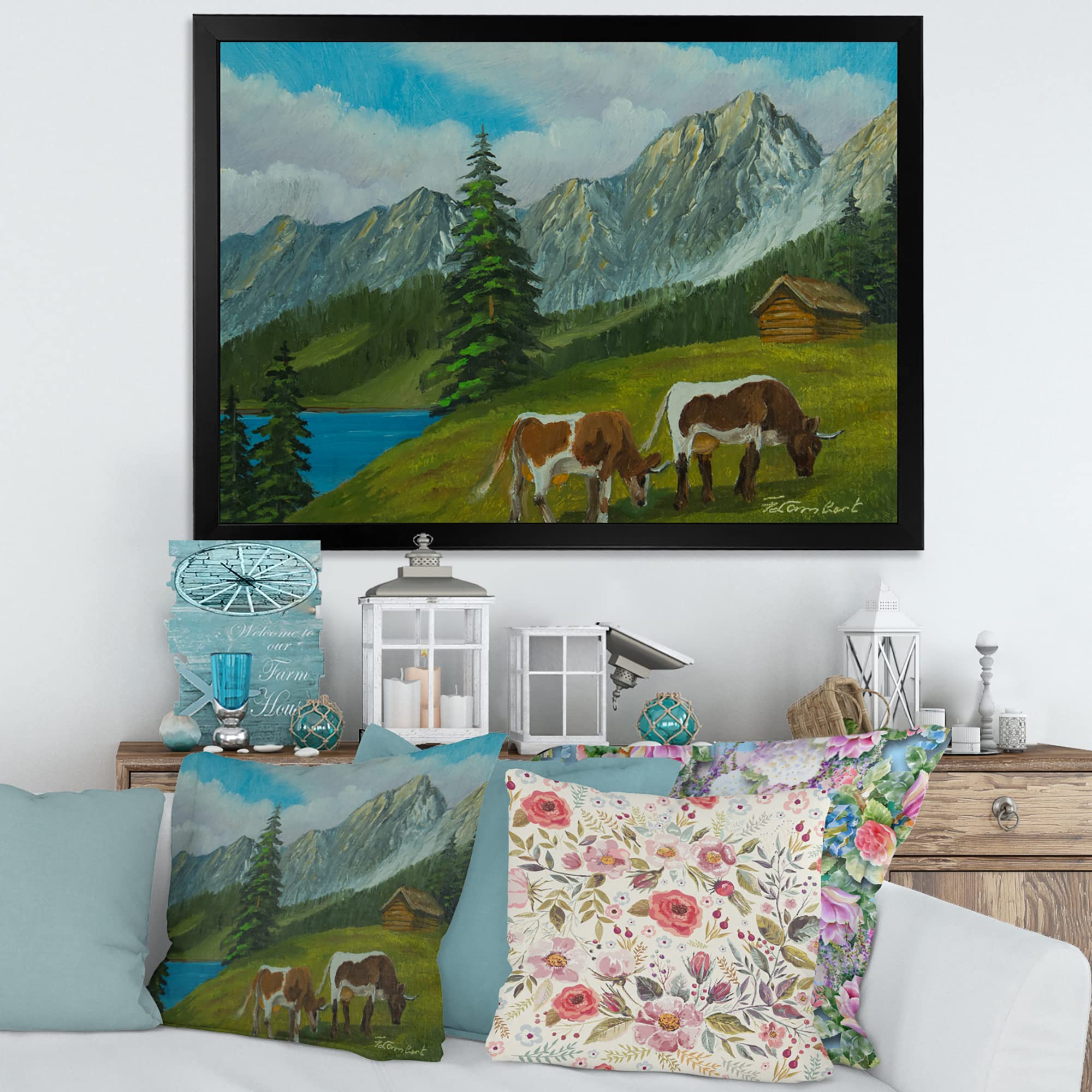 Farmhouse Framed Wall Art - Mountain Landscape with Cows on Green Meadow - Perfect for Living Room, Bedroom & Country Style Home Decor
