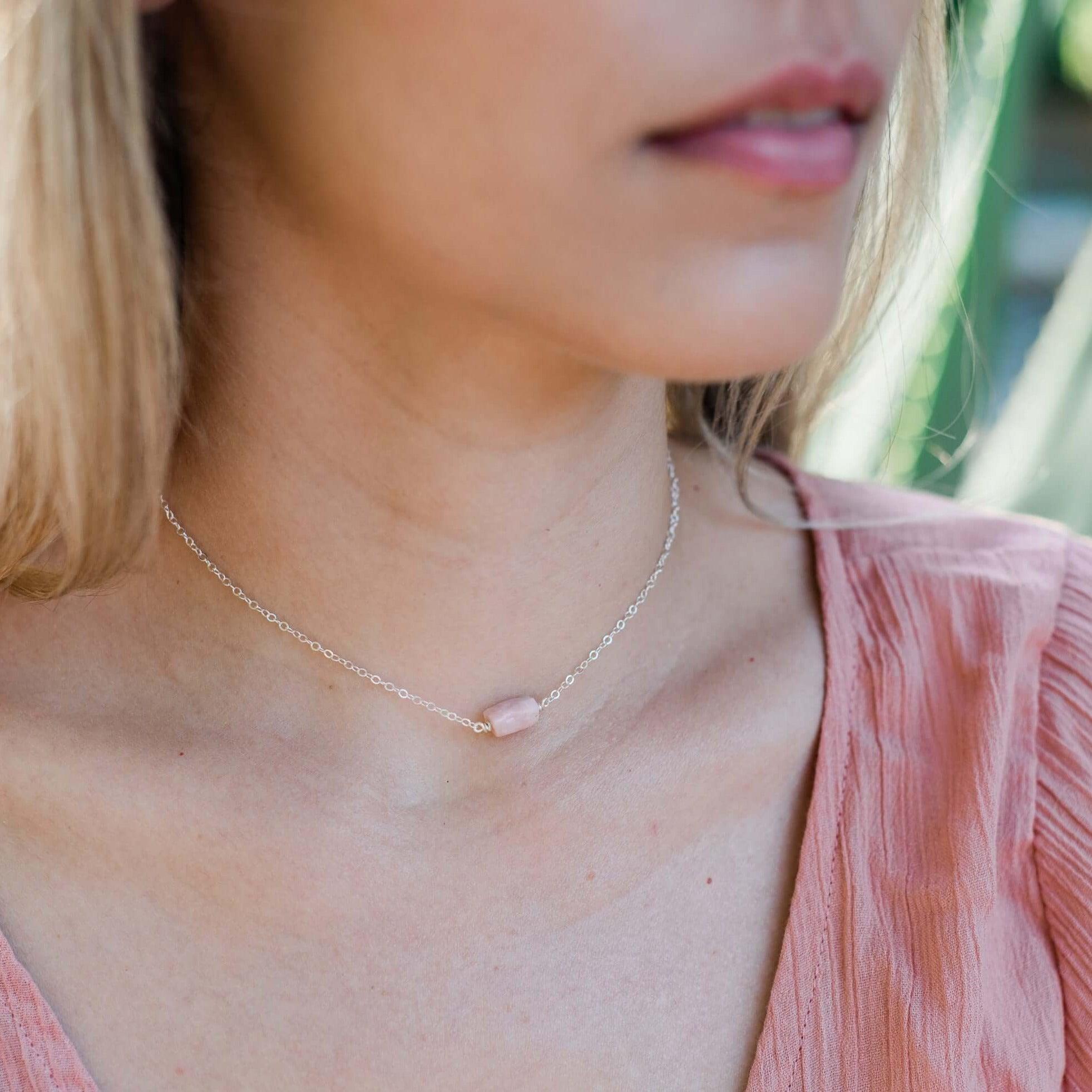 Natural Pink Peruvian Opal Crystal Choker Necklace - Raw Stone Jewelry for Women, Boho Style, Healing & Spiritual Energy - Perfect for Meditation, Yoga, and Everyday Wear
