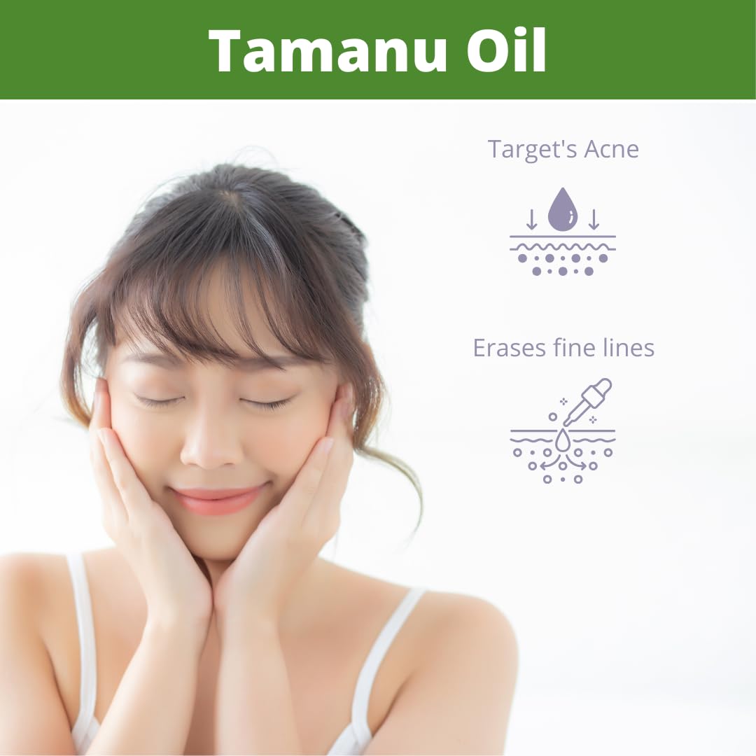 USDA Certified Organic Cold Pressed Tamanu Oil for Psoriasis, Eczema & Acne Scars - Non-GMO, Gluten & Hexane Free Face, Skin & Hair Treatment - Soothes Dry, Scaly & Irritated Skin - 3.4 oz - Perfect for Daily Skincare Routine & Natural Beauty Regimen