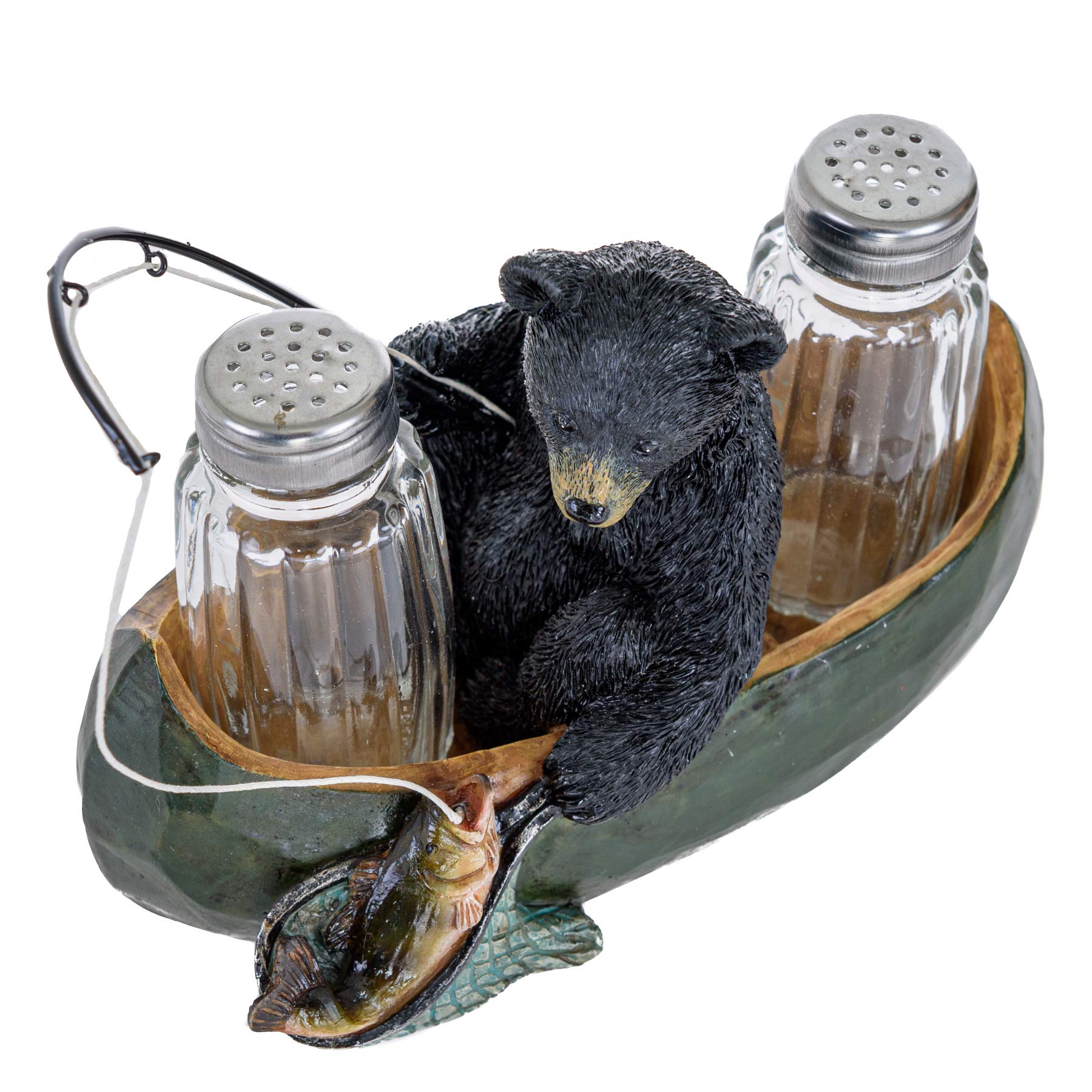 Fishing Canoe Black Bear Salt and Pepper Shakers Set with Holder - Rustic Glass Spice Shakers with Lids - Perfect for Kitchen, Camping, and Cabin Decor