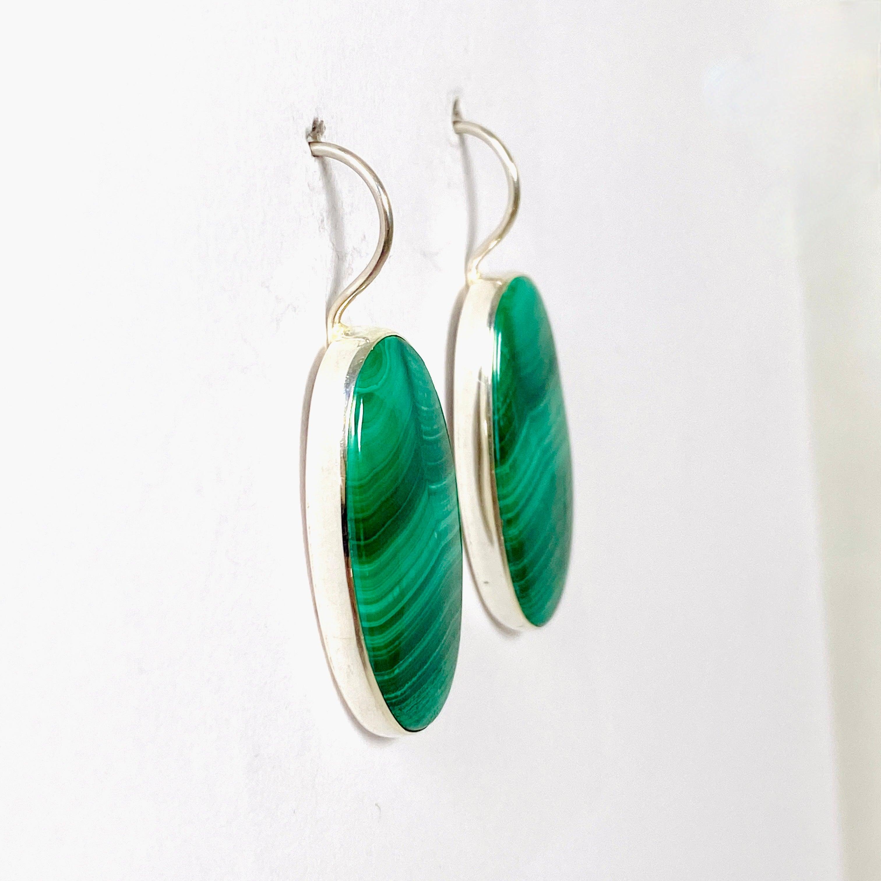 Natural Malachite Oval Fixed Hook Earrings KEGJ1341 – Elegant Green Gemstone Jewelry for Women, Perfect for Parties, Weddings & Special Occasions