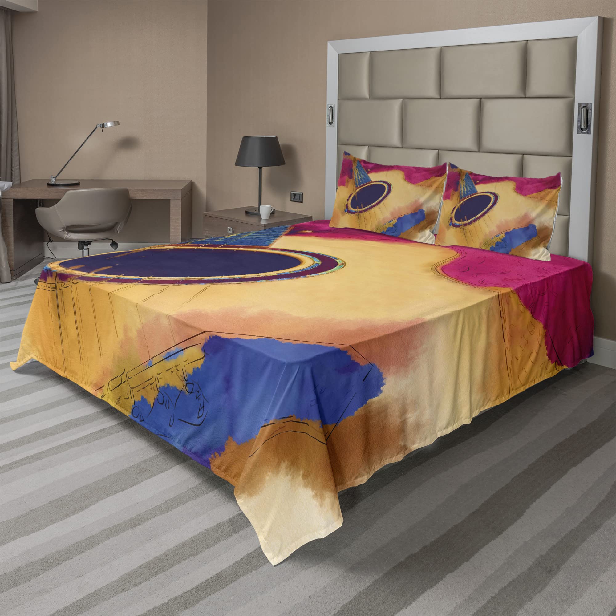Ambesonne Guitar Sheet Set - Abstract Strings Watercolor Design, Vintage Inspired 4-Piece Bedding Set with Fitted Sheet, Flat Sheet & Pillowcases - Queen Size, Violet Blue Magenta - Perfect for Musicians' Bedrooms, Guest Rooms & Music-Themed Decor