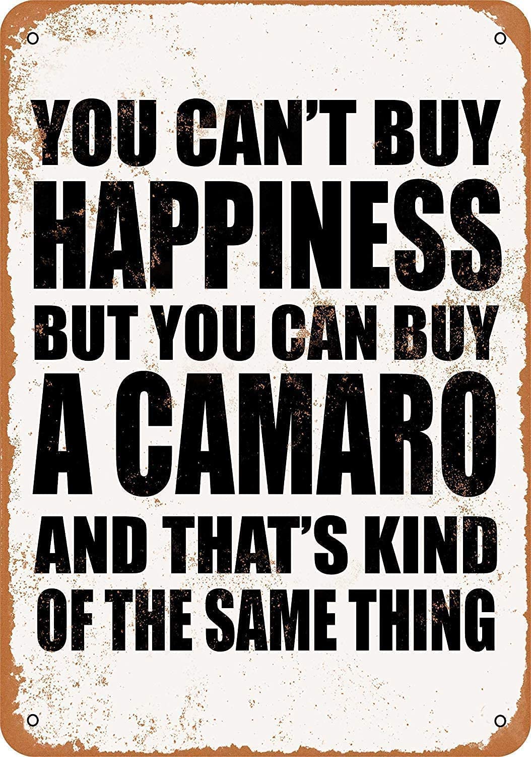 Vintage Camaro Metal Tin Sign - 8x12 or 12x16 Inch Retro Wall Art for Man Cave, Bar, Kitchen & Home Decor - 'You Can't Buy Happiness But You Can Buy A Camaro' Funny Car Lover Gift - Perfect for Garage, Bedroom, Lounge & Coffee Shop
