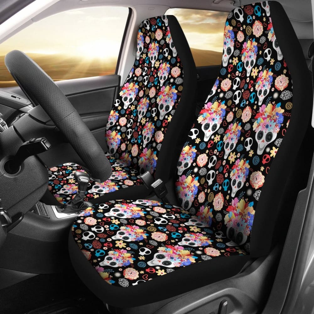 2 Pcs Sugar Skull Car Seat Covers - Universal Fit for Cars, Trucks & SUVs - Durable & Stylish Protection - Perfect for Day of the Dead Decor or Gothic Style Lovers