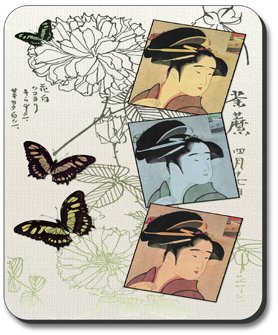 Japanese Art Plates Three Geishas Mouse Pad - Non-Slip Gaming & Office Desk Mat for Computers, Laptops, and Workstations