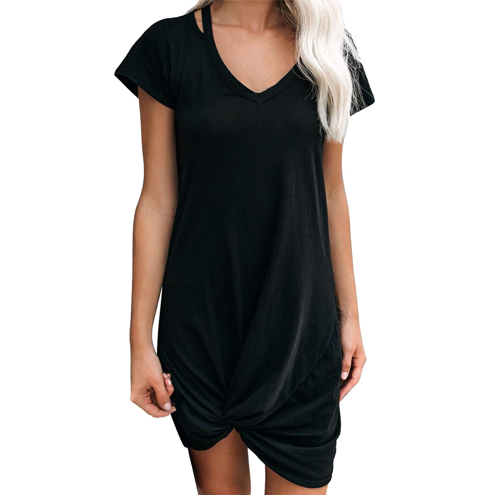 Hotapei Women's Casual Short Sleeve Twist Front Knot Tunic Dress - Summer Flowy T-Shirt Dress for Women | Perfect for Beach, Vacation & Everyday Wear