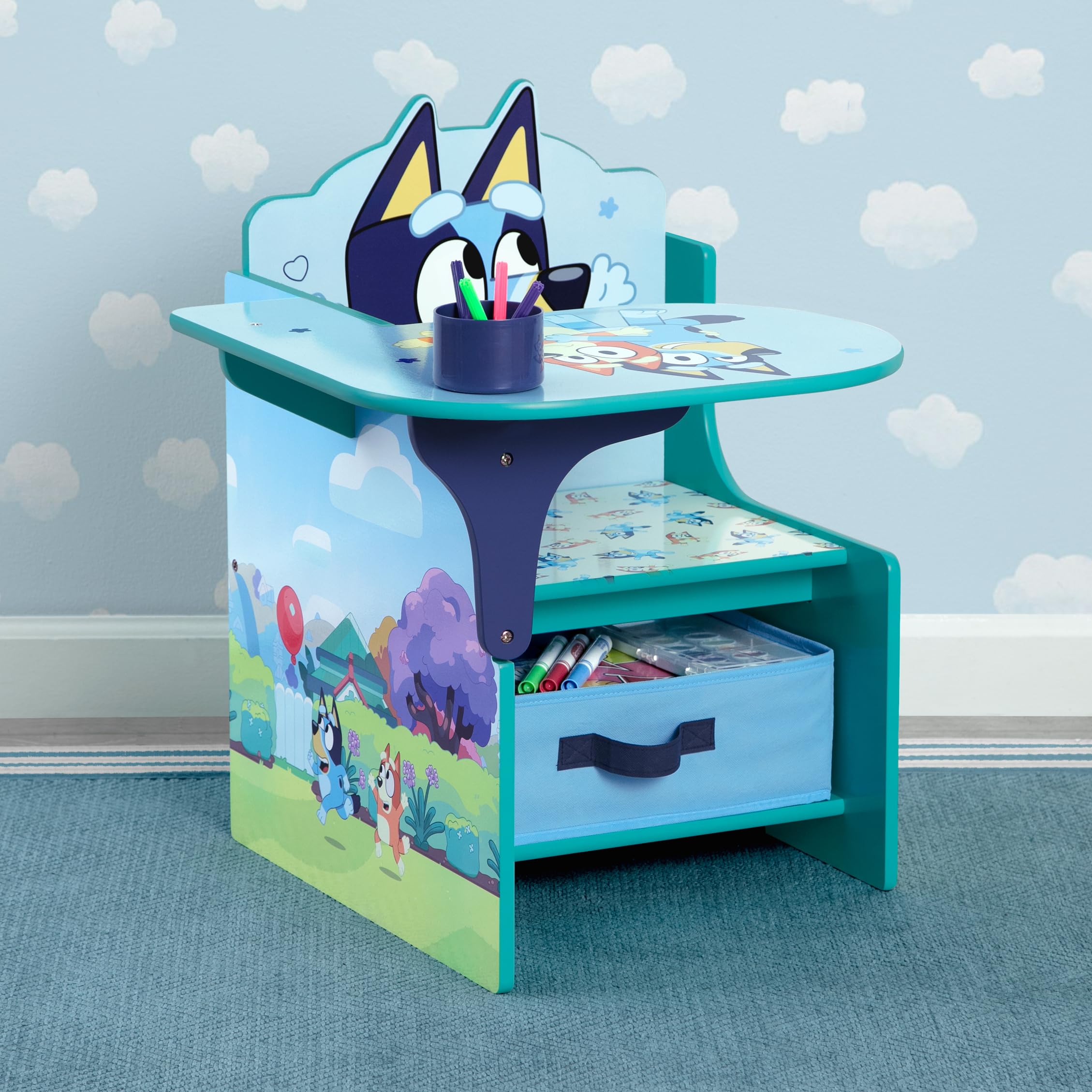 Delta Children Bluey Chair Desk with Storage Bin - Greenguard Gold Certified Kids Study Desk, Blue - Perfect for Homework, Arts & Crafts, and Playroom Organization