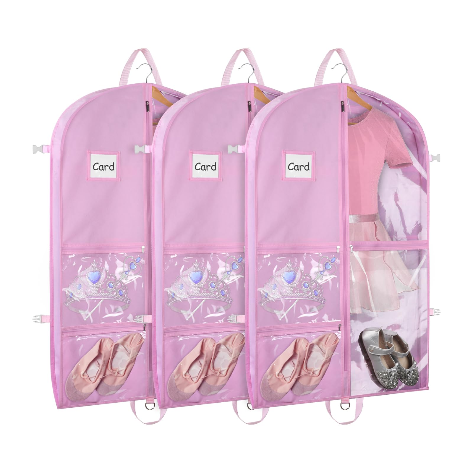 Zilink 40-Inch Clear Dance Garment Bags for Costumes - 3 Pack with 5 Zipper Pockets, Stable Buckles & Carry Handles - Perfect for Dance Competitions, Travel & Closet Storage