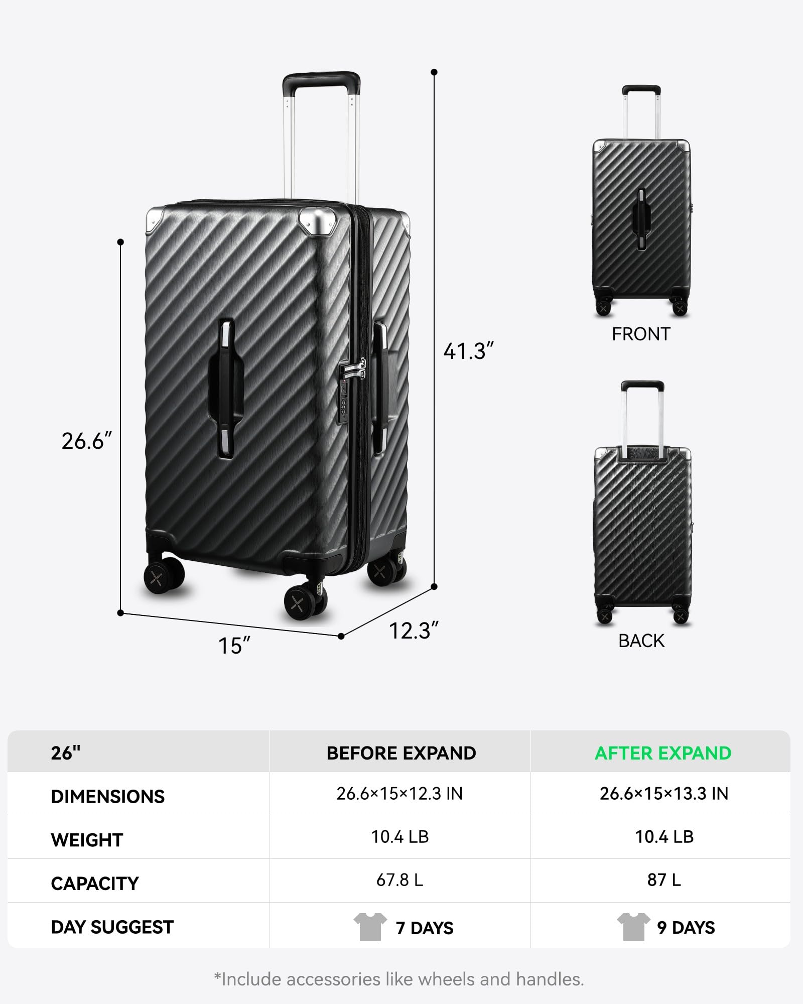LUGGEX 26 Inch Expandable Spinner Luggage with Shock Absorbing Wheels - Large Capacity Travel Suitcase for Adventure, Business & Vacation - Charcoal Metallic (67.8L) - Perfect for Air Travel, Road Trips & International Journeys