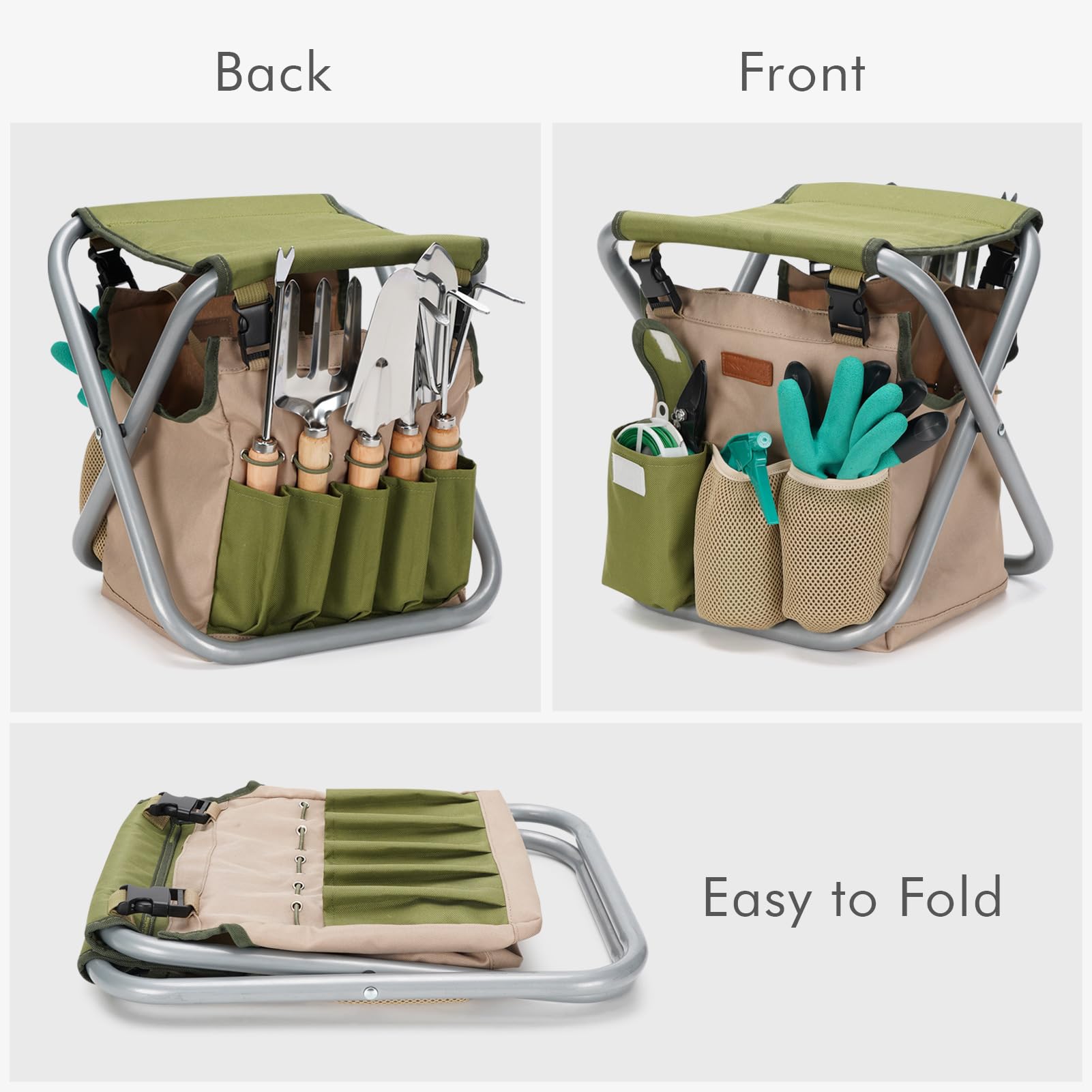 10-Piece Gardening Hand Tools Set with Storage Tote Bag & Seat - Durable Stainless Steel Garden Kit for Planting, Weeding & Landscaping - Perfect Gardening Gifts for Women & Men (Valentine's Day, Mother's Day) - Ideal for Backyard, Lawn Care & Outdoor Activities