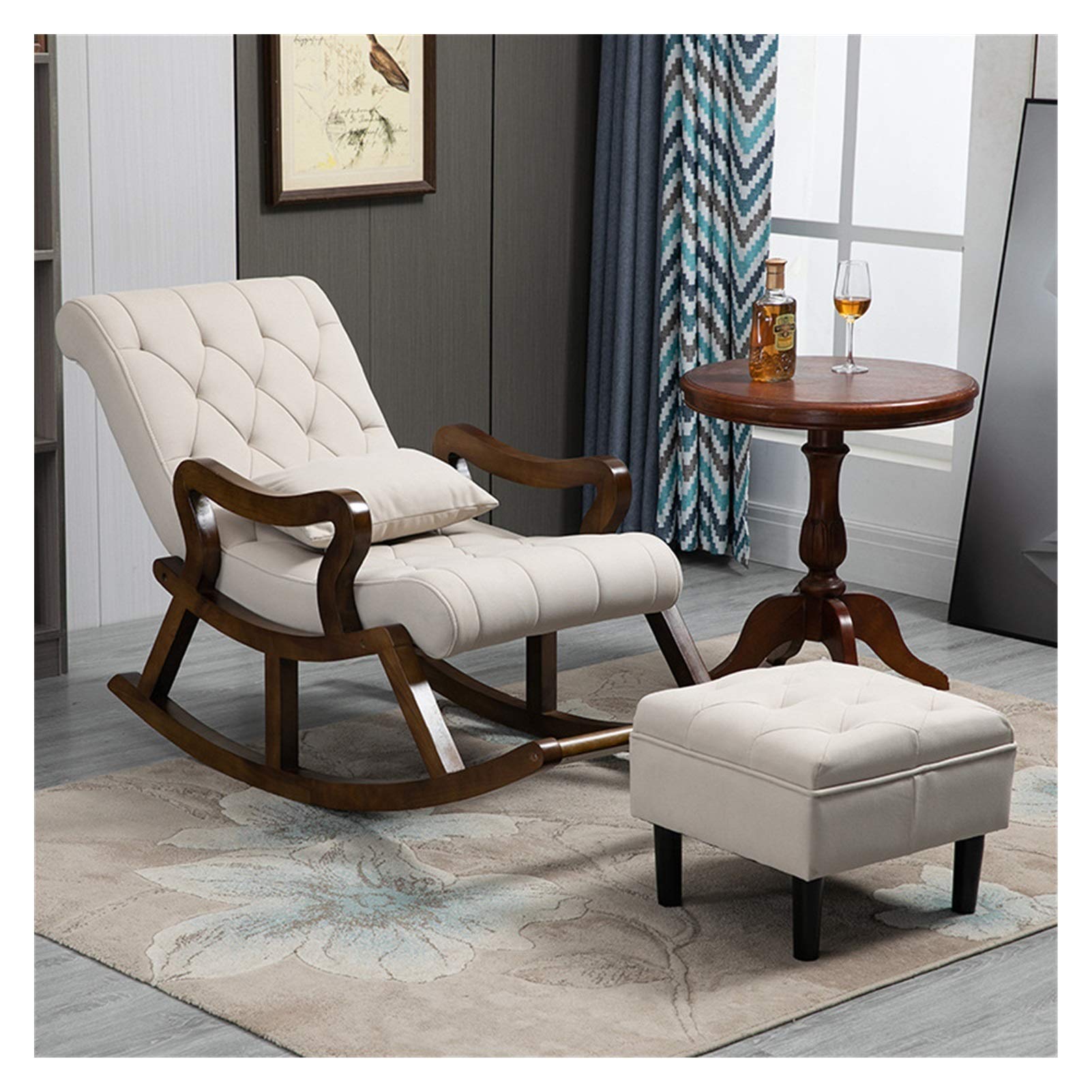 Solid Wood Rocking Chair - Chinese Style Comfortable Recliner with Footrest, Ergonomic Technology Fabric for Elderly, Balcony & Living Room Relaxation (125x67x89cm) - Perfect for Nursery, Porch Swing or Reading Nook