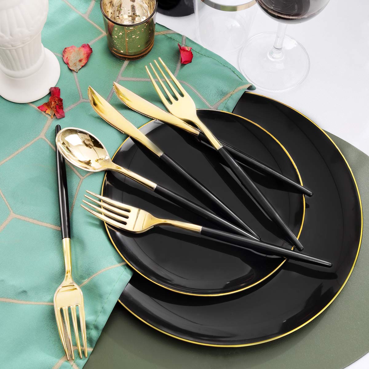 Premium 350-Piece Black Plastic Dinnerware Set with Gold Rim - Elegant Black & Gold Plastic Plates, Forks, Knives, Spoons & Cups - Perfect for Weddings, Christmas Parties & Formal Events