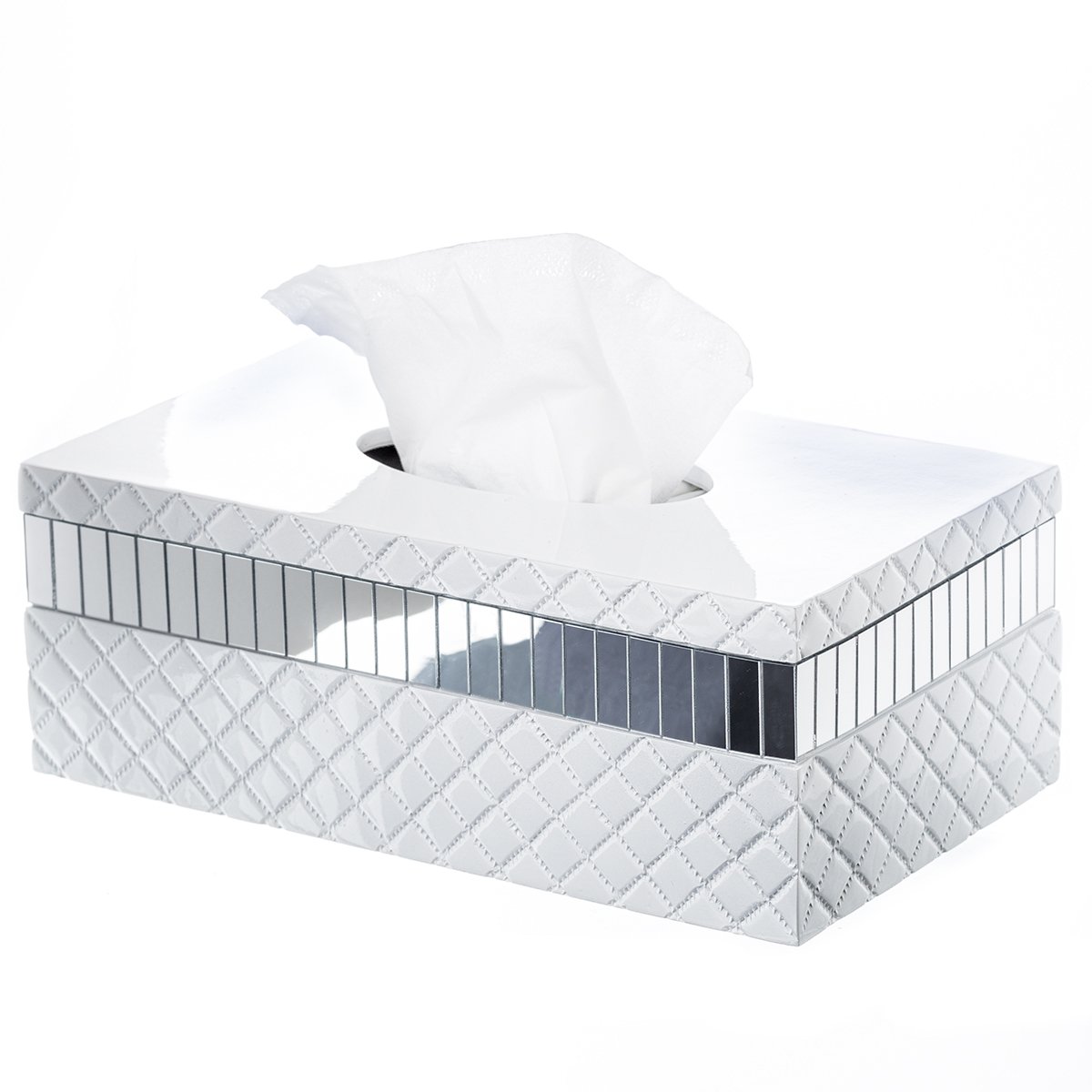 Creative Scents Quilted Mirror Rectangle Tissue Box Cover - White Decorative Tissue Holder for Bathroom with Durable Bottom Slider - Elegant Bathroom Decor & Home Accessories for Vanity, Guest Room, and Spa Style Decorations
