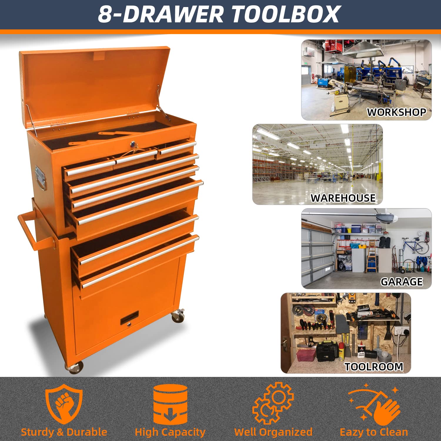 8-Drawer High Capacity Rolling Tool Chest with Lock - Heavy Duty Tool Storage Cabinet on 4 Wheels, Sliding Drawers & Removable Portable Tool Box for Garage, Workshop & Warehouse (Orange) - Perfect for Mechanics, DIY Projects & Professional Tool Organization