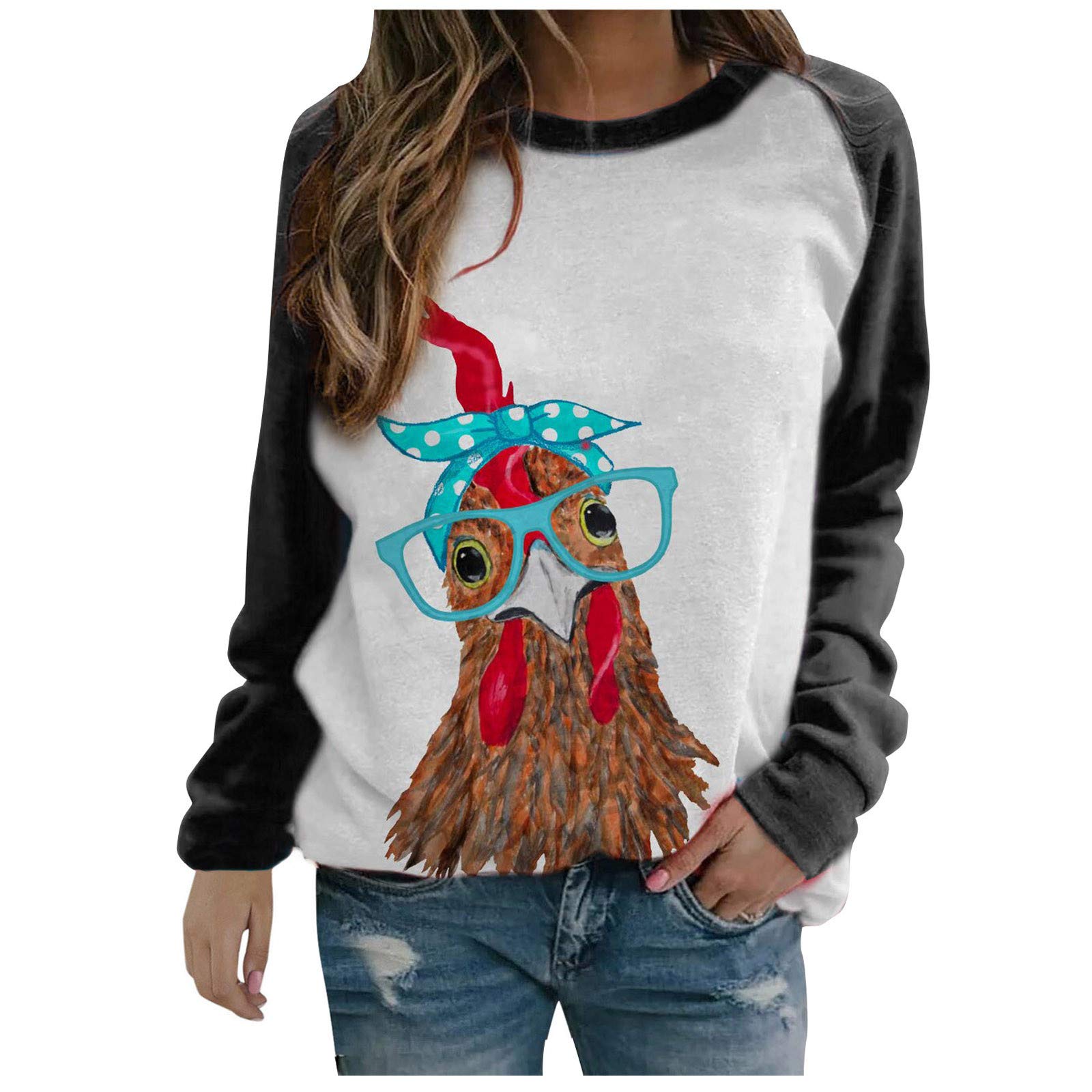 Women's Long Sleeve Graphic Sweatshirt - Chicken with Bandana Print Color Block Blouse Top for Casual Wear, Street Style & Fall Fashion