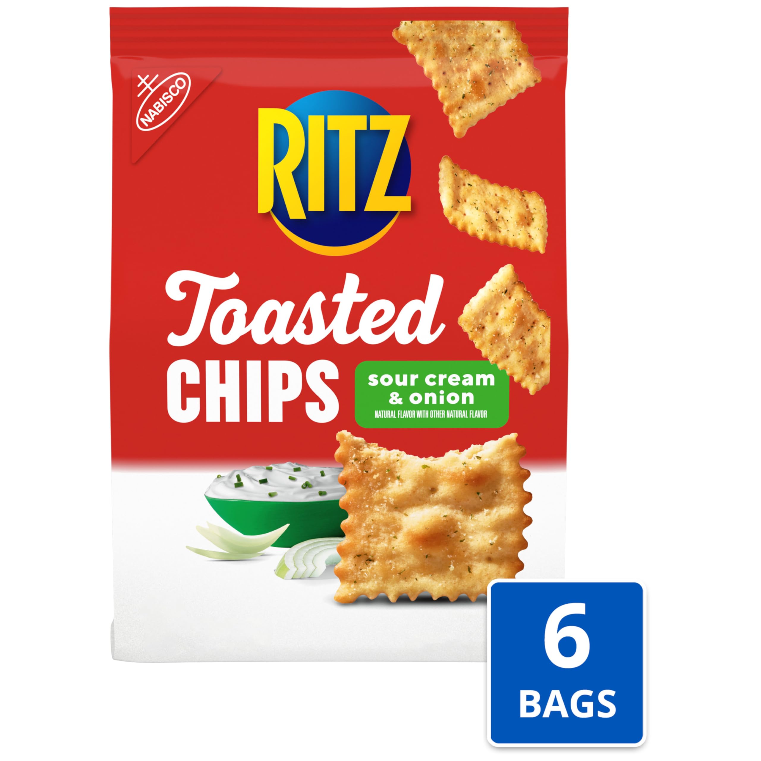 RITZ Toasted Chips Sour Cream and Onion Crackers - 6 Pack (8.1 oz Bags) | Bulk Party Snacks for Gatherings, Movie Nights & Office Break Rooms | Crunchy & Flavorful Baked Snack Chips