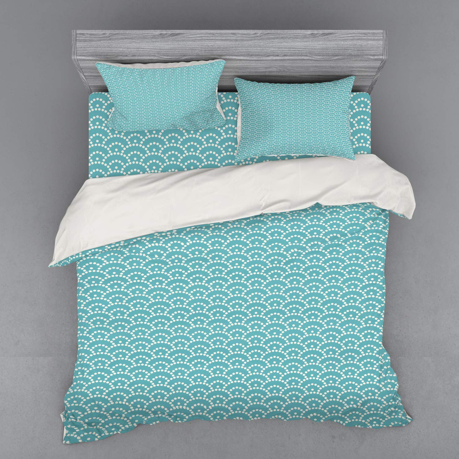 Ambesonne Pale Blue Bedding Set - Abstract Bubble Japanese Style Duvet Cover 4 Piece Set with Shams & Fitted Sheet, King Size, Turquoise White - Perfect for Modern Bedrooms, Guest Rooms & Boho Chic Home Decor