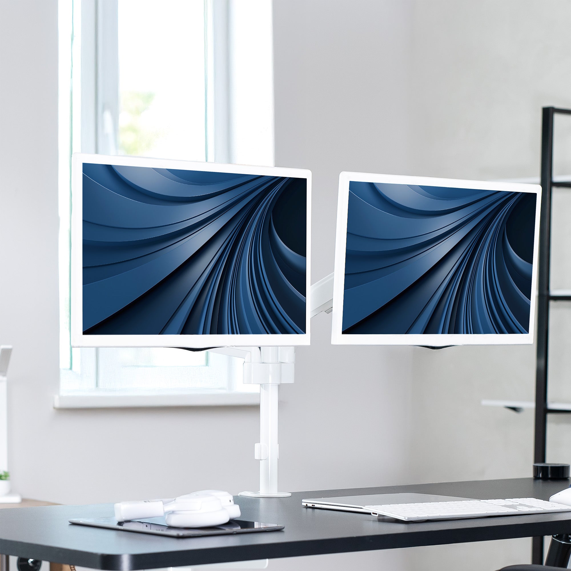 Adjustable Dual Monitor Arm Mount for 17 to 32 Inch Screens - Ergonomic Pneumatic Desk Stand for Home Office & Gaming Setup