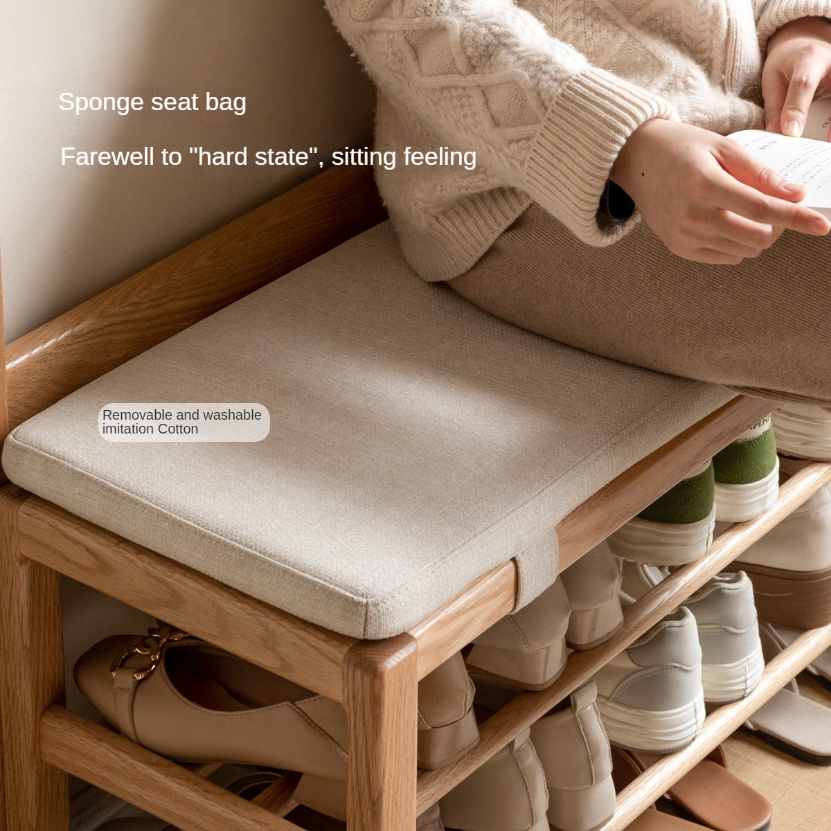 Solid Oak Wood Shoe Bench with Hooks - Entryway Organizer & Shoe Storage Stool for Hallway, Bedroom, or Mudroom