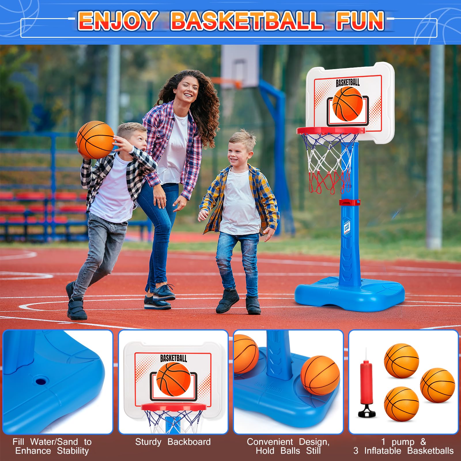 3-in-1 Adjustable Height Kids Basketball Hoop & T-Ball Set - Indoor/Outdoor Sports Toy for Toddlers Ages 3-5 - Perfect Birthday Gift for Boys & Girls - Fun Backyard, Playroom & Park Activities