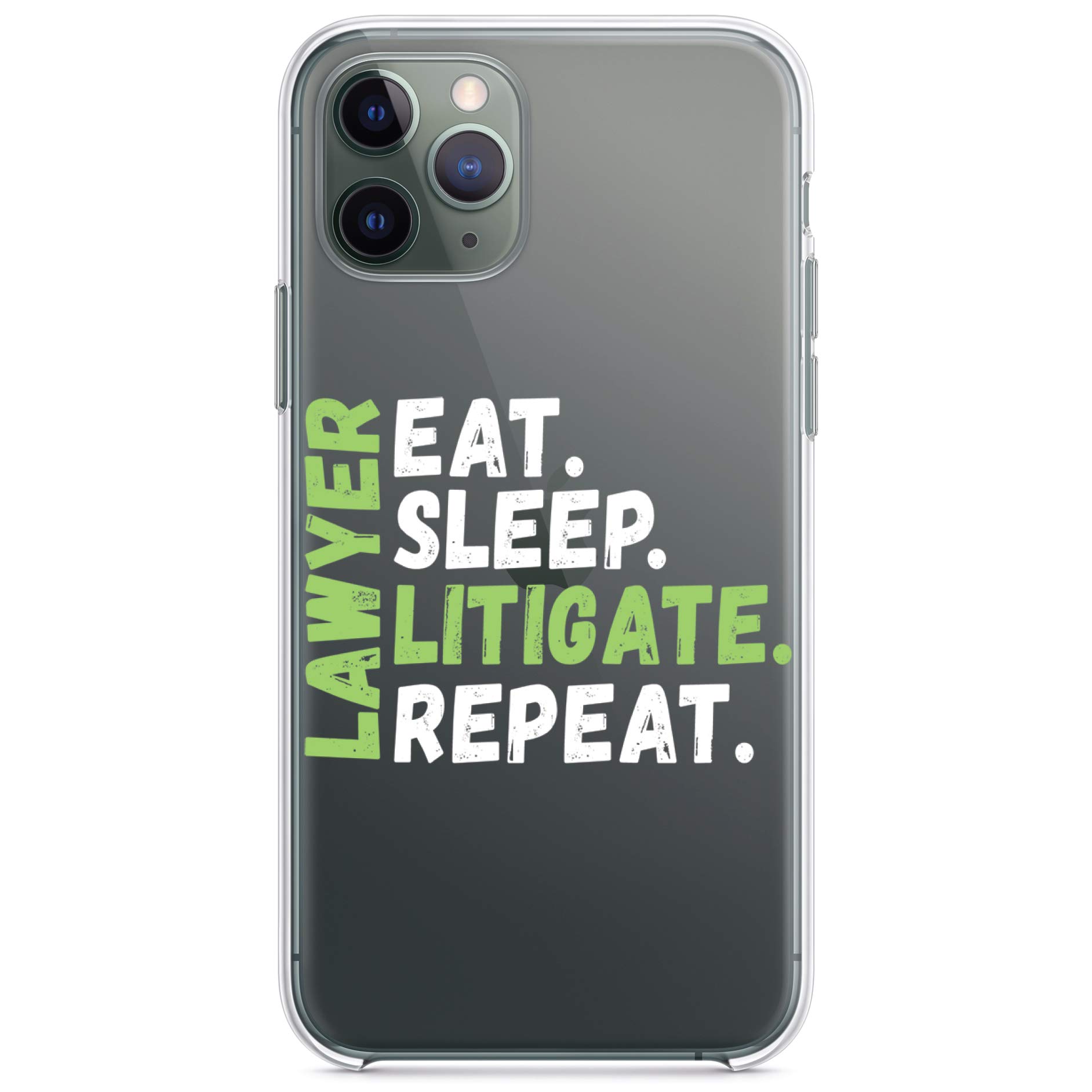 DistinctInk Clear Shockproof Hybrid Case for iPhone 13 Pro Max (6.7 Inch) - Durable TPU Bumper & Acrylic Back with Tempered Glass Screen Protector - Lawyer Themed Design (Eat Sleep Litigate Repeat) - Perfect for Work, Travel & Daily Protection