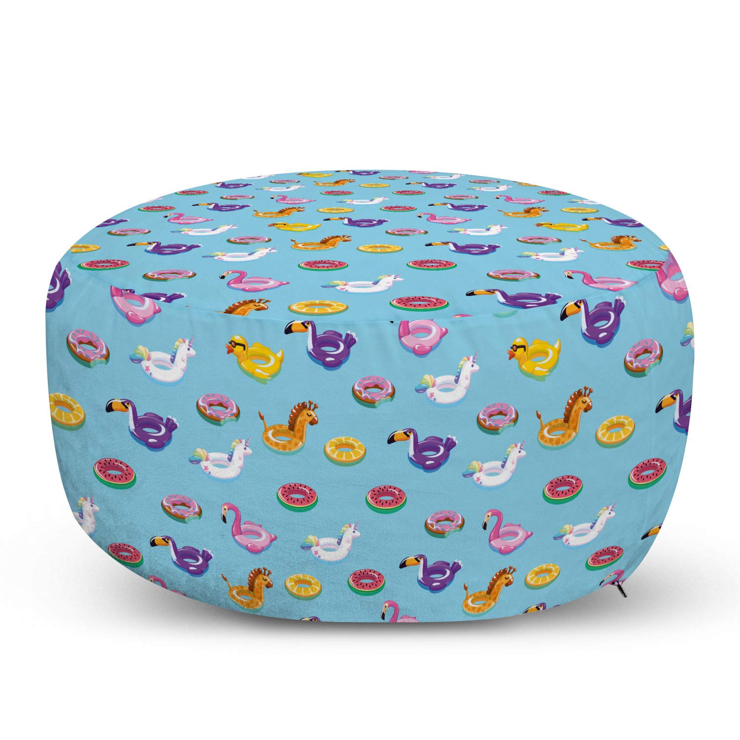 Ambesonne Waterproof Swimming Pool Ottoman Pouf - Floating Unicorn, Toucan, Giraffe, Donut & Watermelon Cartoon Print - Soft Foot Rest with Removable Cover for Living Room, Bedroom & Poolside - Turquoise & Multicolor Decorative Accent