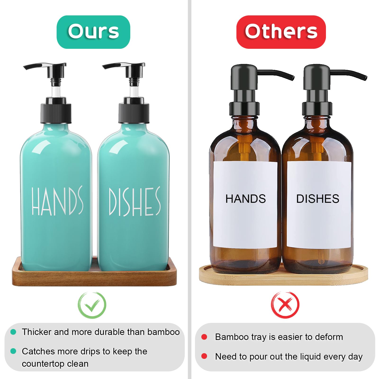 ALELION 16oz Glass Soap Dispenser with Pump & Acacia Wood Tray - Turquoise Kitchen Soap Dispenser Set for Hand & Dish Soap - Elegant Teal Home Decor for Bathroom, Kitchen Counter & Sink Area